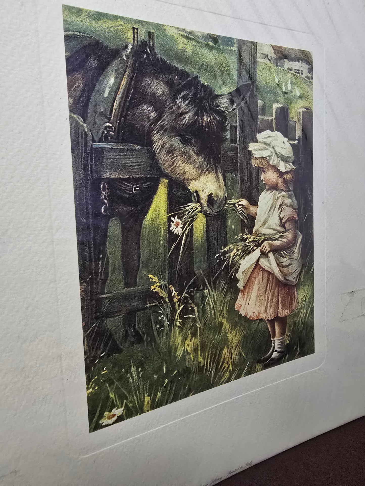 Vintage Print Girl Feeding Donkey