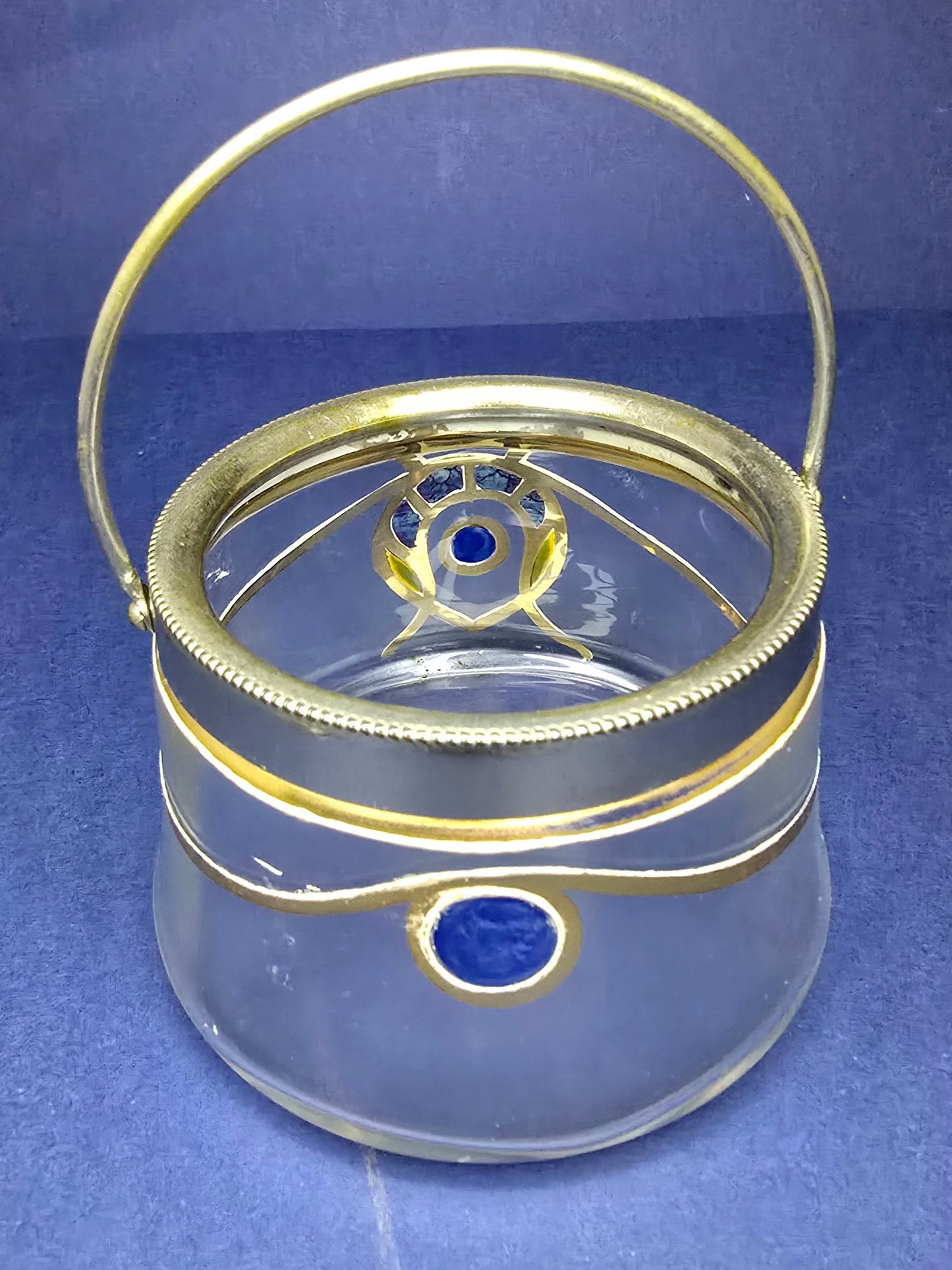Art Nouveau hand-painted crystal sugar bowl with silver spoon
