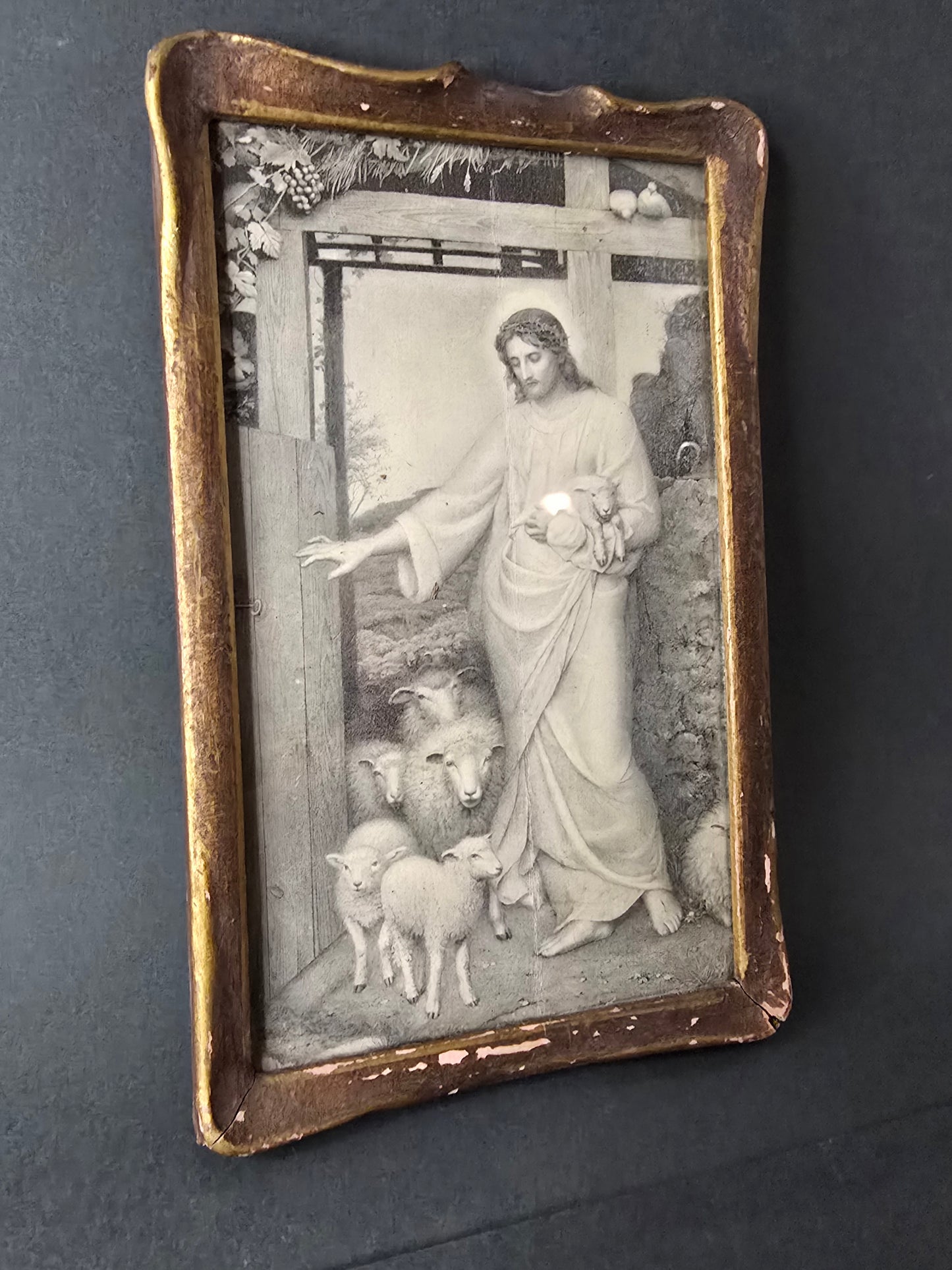 Jesus Celebrating with Sheep - Vintage Framed Print England 1920s