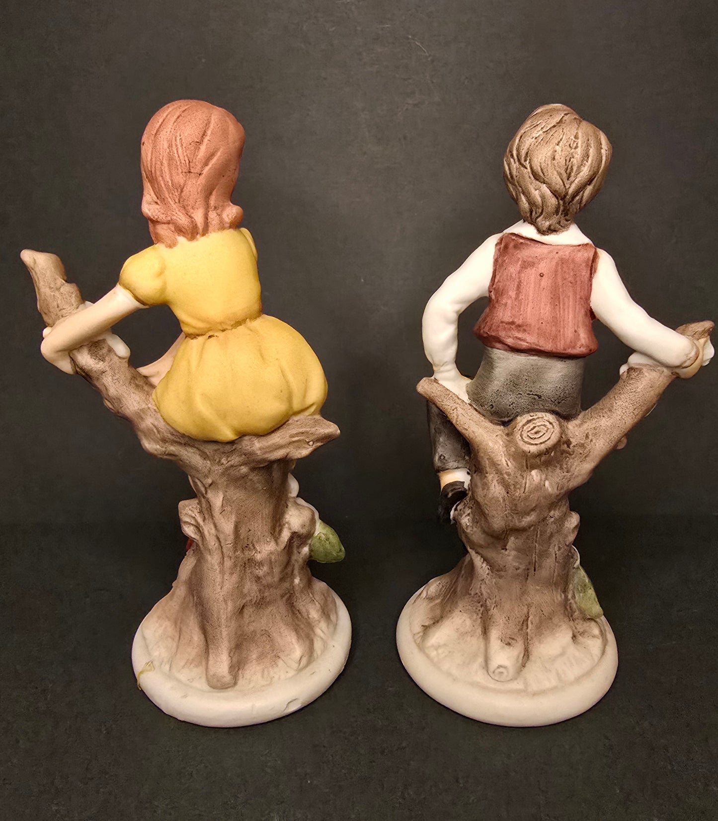 Vintage Japanese Figurine Set - Boy and Girl on Tree Stumps 1950s