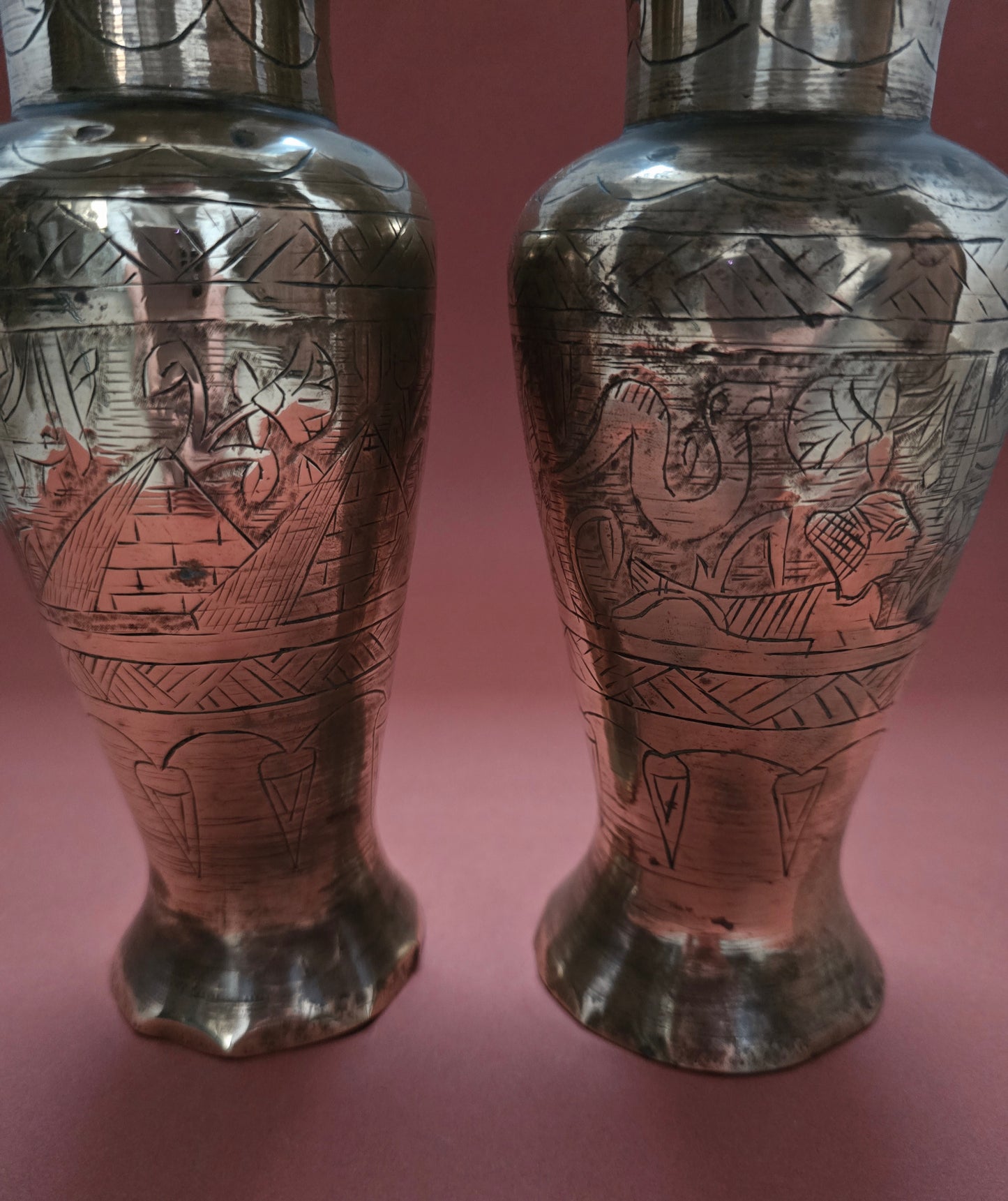 Pair of Antique Egyptian Copper Vases - 1920s with Hieroglyphic Motifs