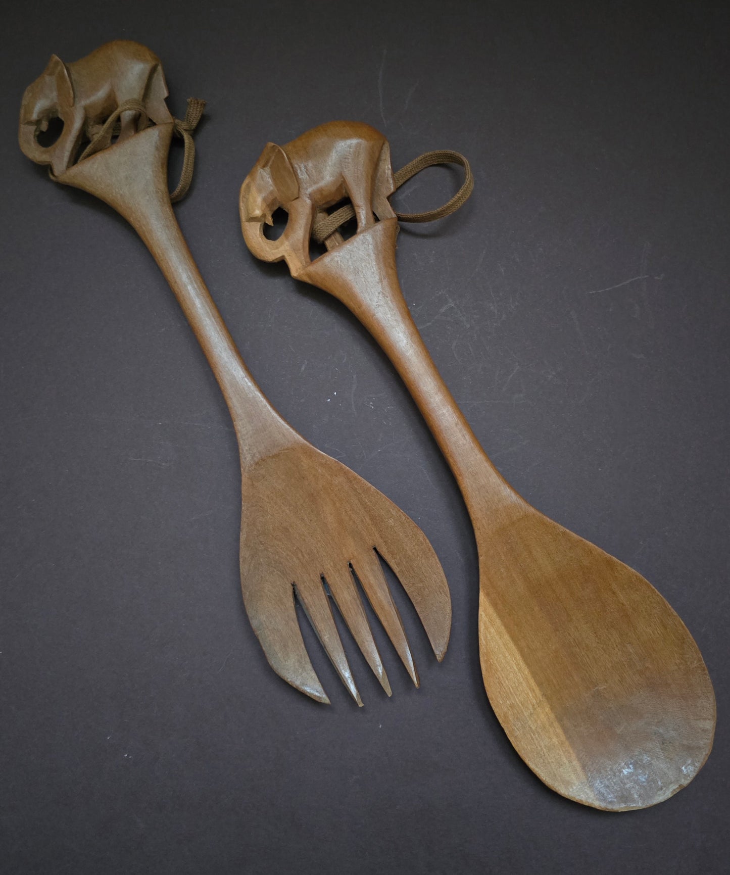 1970s Kenyan Hand-Carved Wooden Salad Servers - Elephant Design