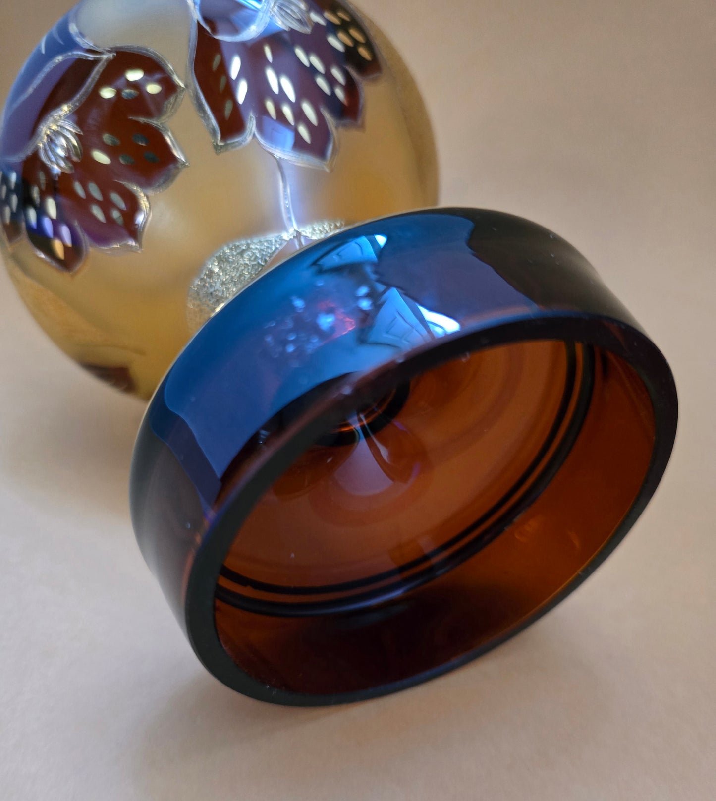 1920s Bohemian Glass Candy Jar - Hand-Painted Florals with Iridescent Blue Stopper