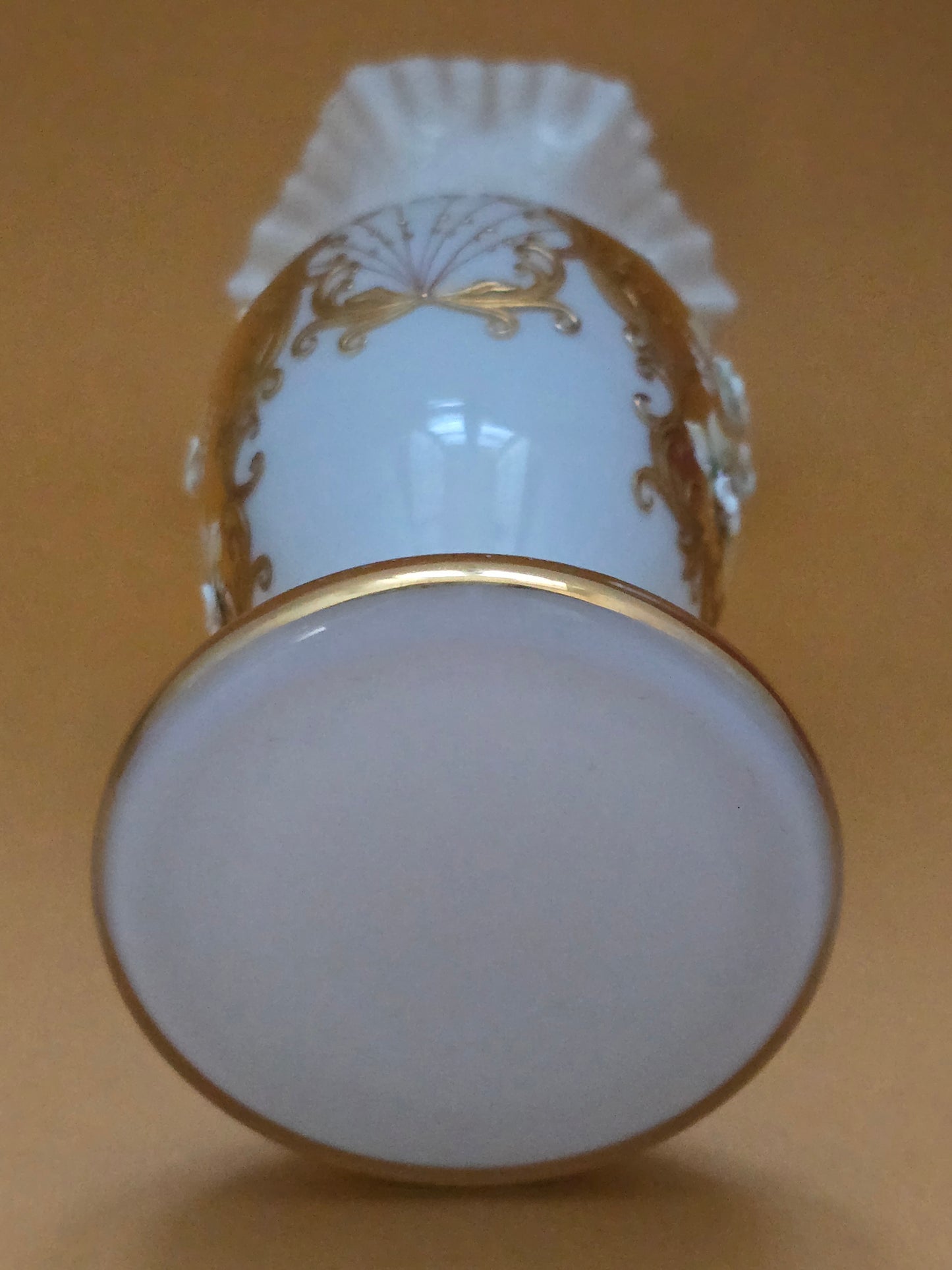 Bohemian White Opaline Glass Vase - Hand-Painted Florals with Gold Scrollwork
