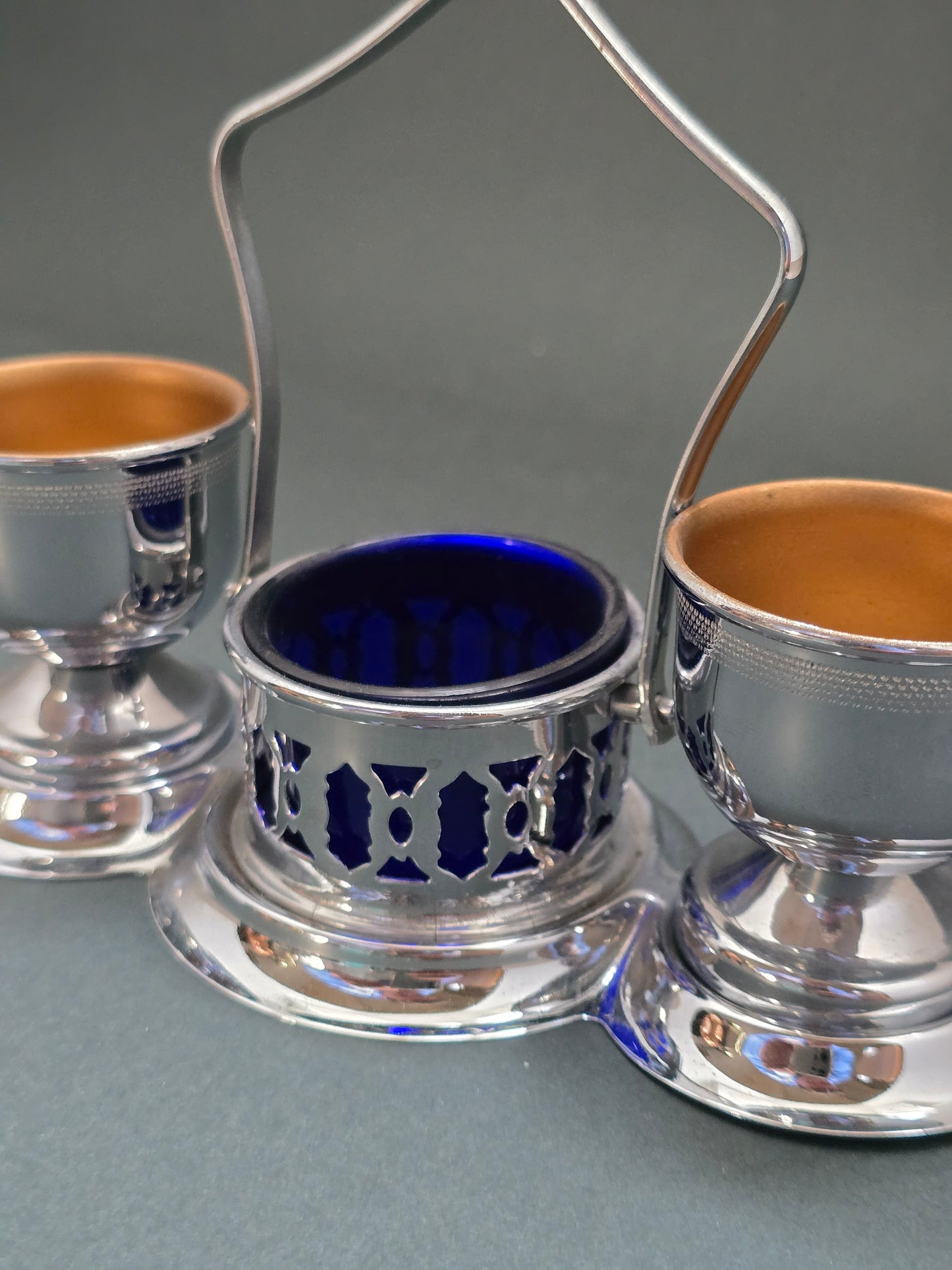 Art Deco Silver Plated Cruet Set with Cobalt Blue Glass Liners (circa 1930s-1940s)