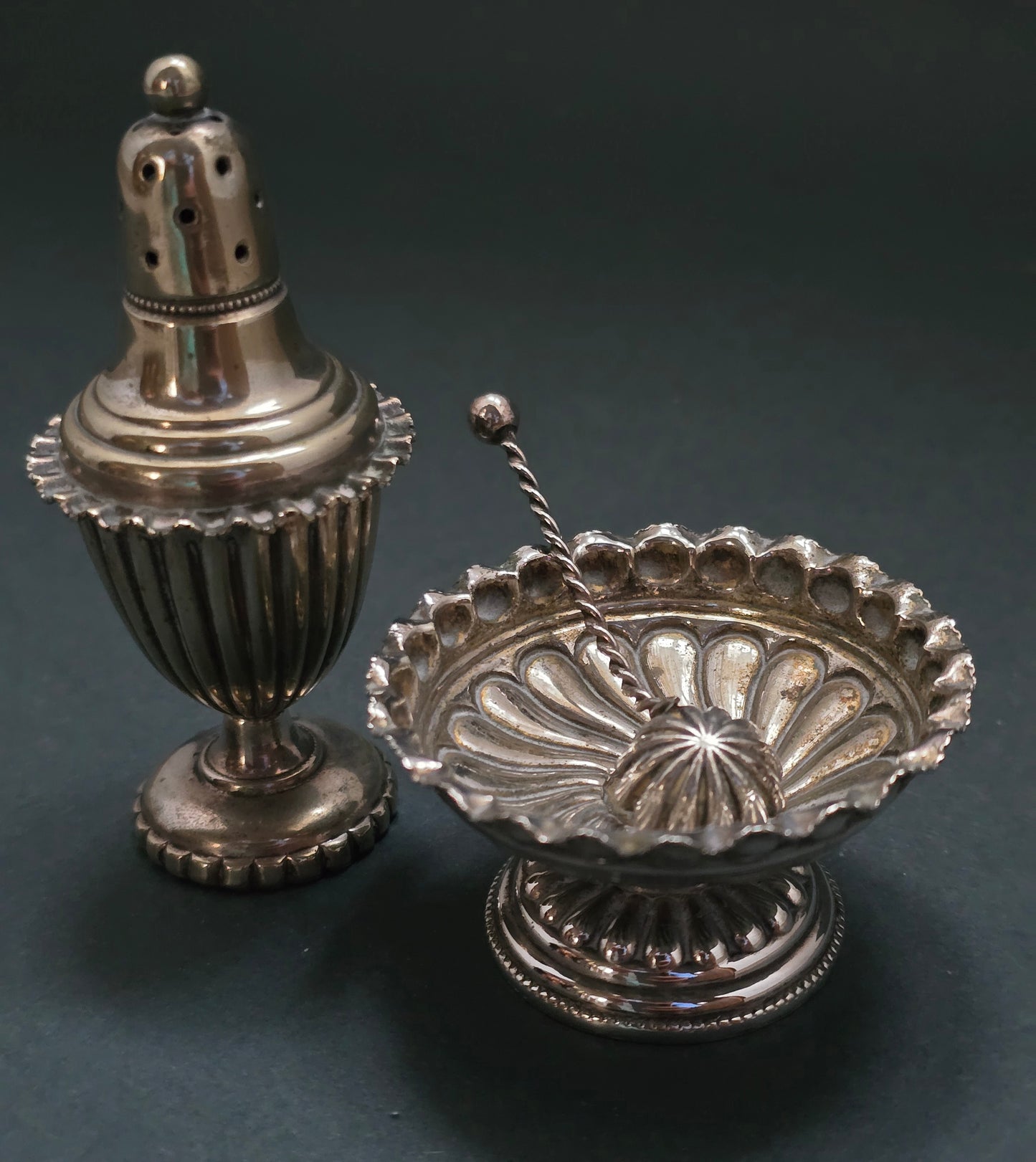 Late Victorian Sterling Silver Condiment Set - Weighted Pepper Shaker & Open Salt with Spoon (circa 1890-1910)