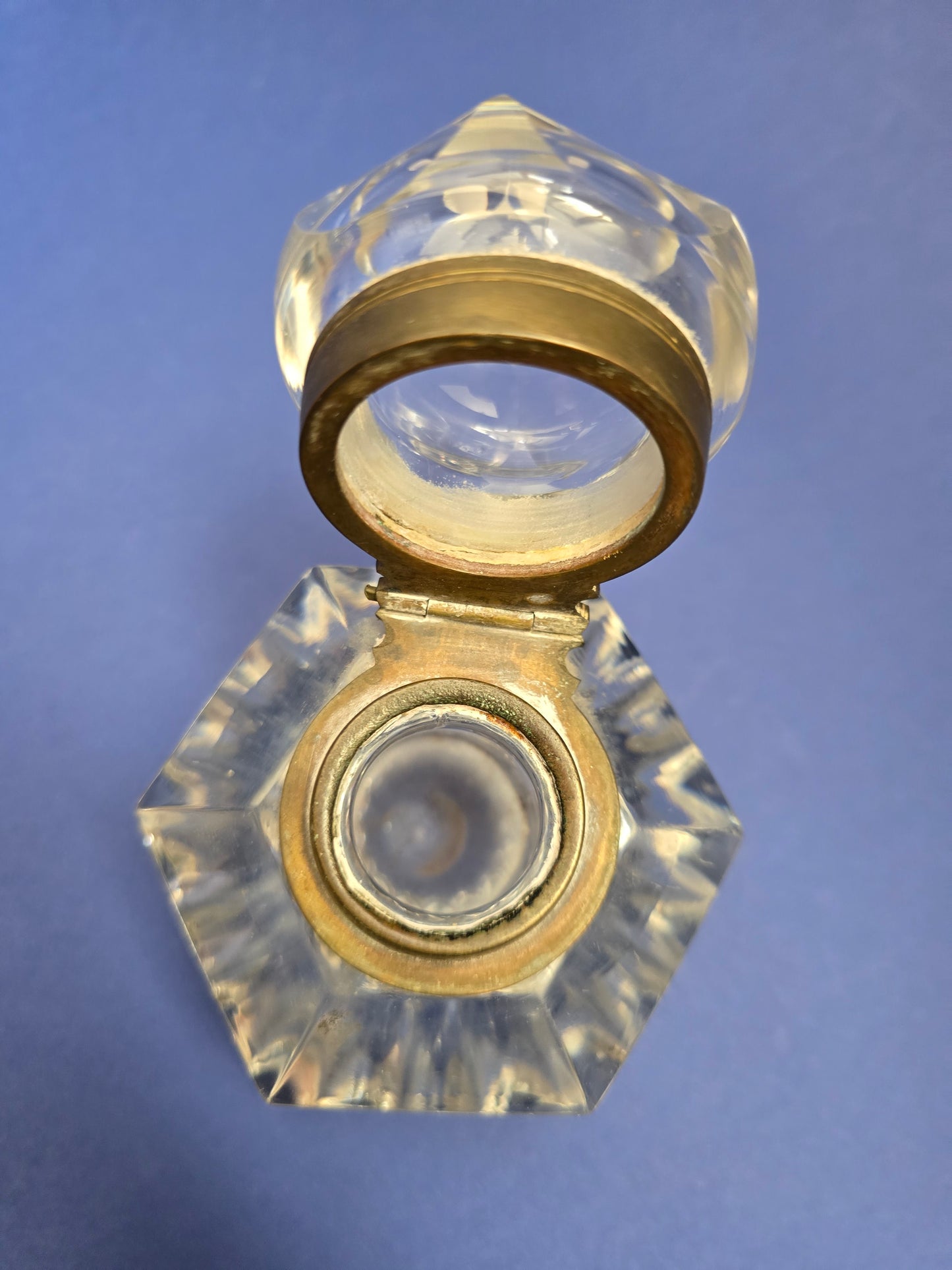 Antique Victorian Cut Crystal Inkwell with Brass Hinged Lid & Hexagonal Body, c.1890