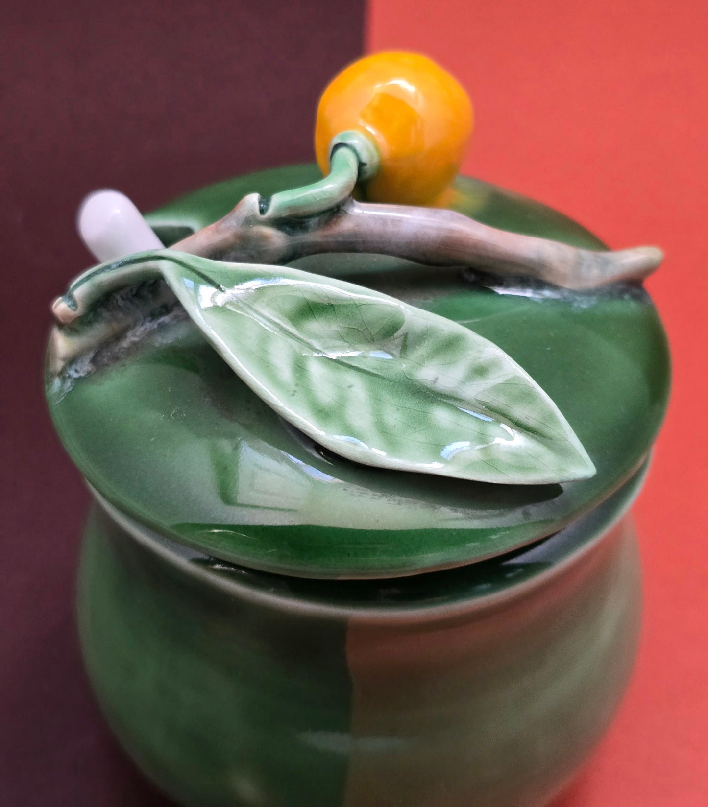 Casa Pupo Vintage Green Majolica Sugar Pot with Lemon Lid & Spoon – Portugal, 1970s