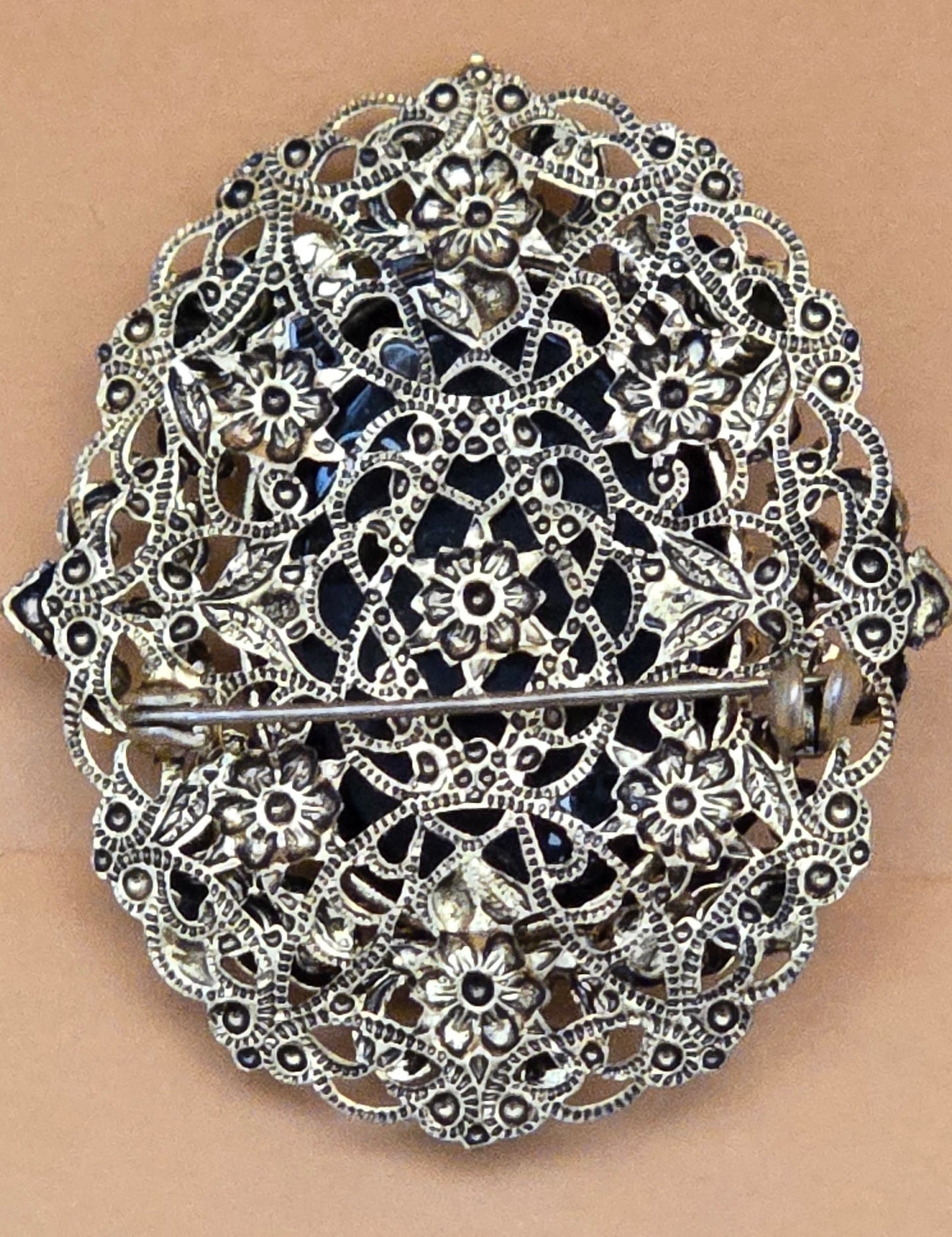 Vintage German Cameo Brooch with Frosted Glass on Mirror & Filigree Frame