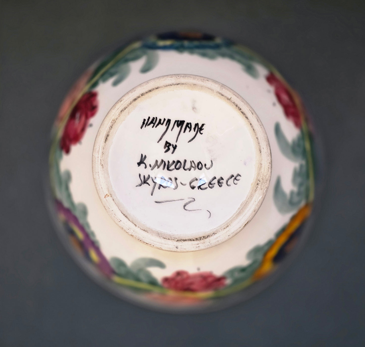 Handmade Greek Skyros Ceramic Bowl by K. Nikolaou — Hand-Painted Folk Art, 1970s