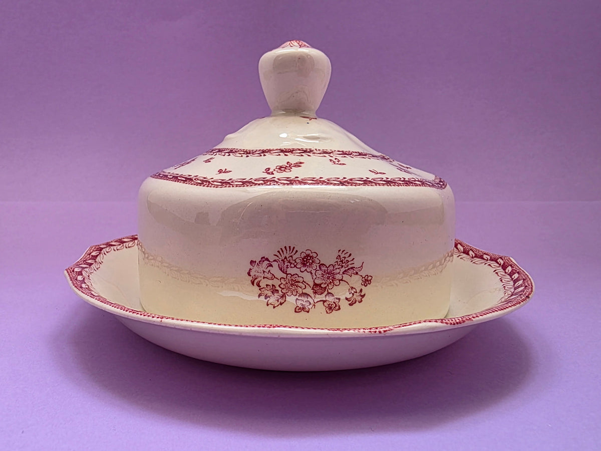 Vintage Arabia Burgundy Floral Covered Butter Dish | c. 1935