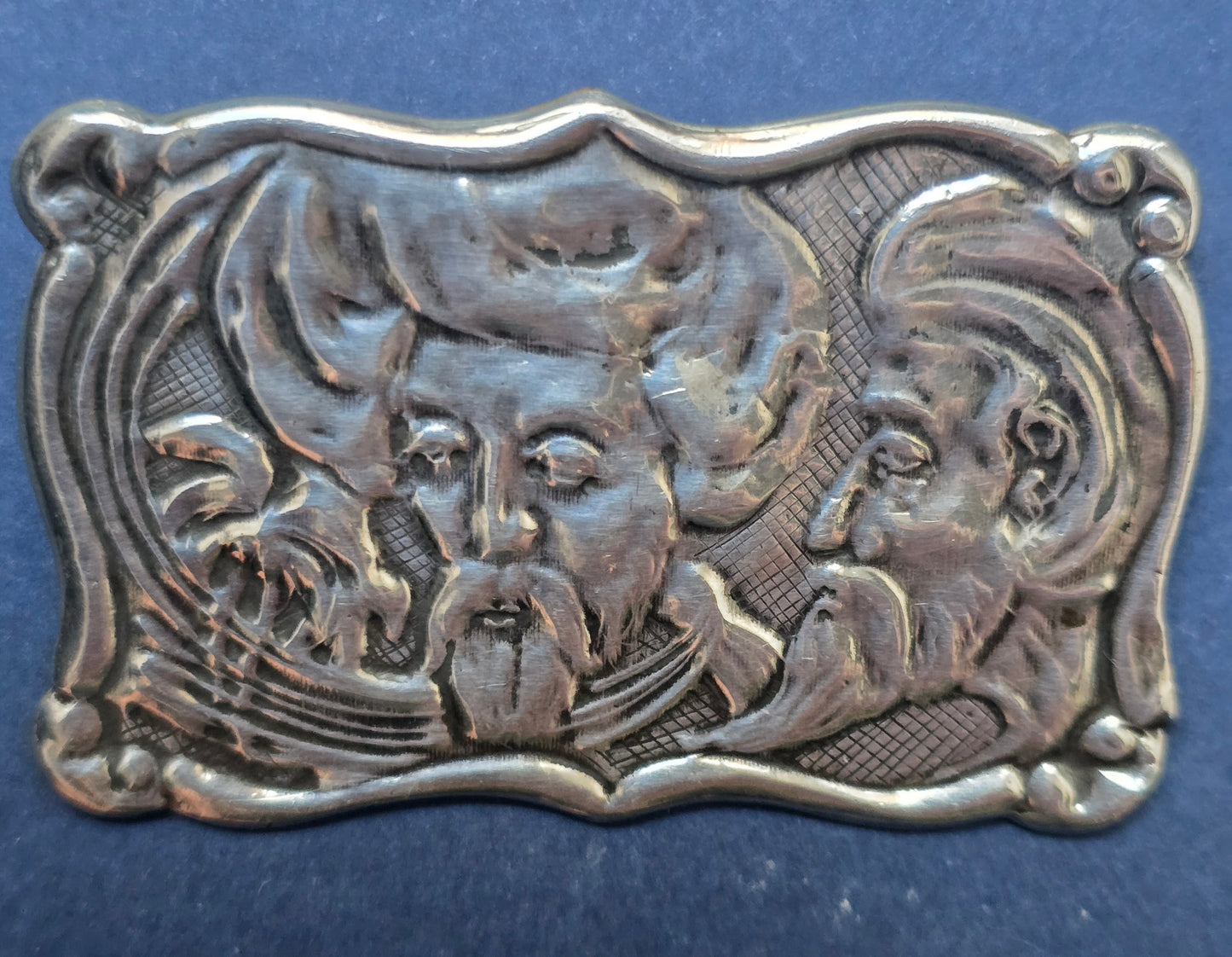 Art Nouveau Silver Brooch, Two Bearded Faces in High Relief, Signed HJ, Prague, c.1900