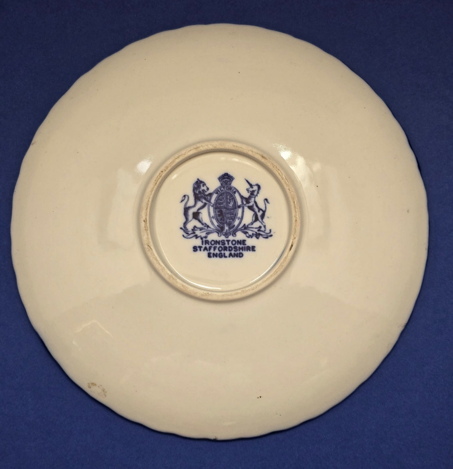 Victorian Ironstone Staffordshire Moustache Cup & Saucer – Blue Rose, c.1890