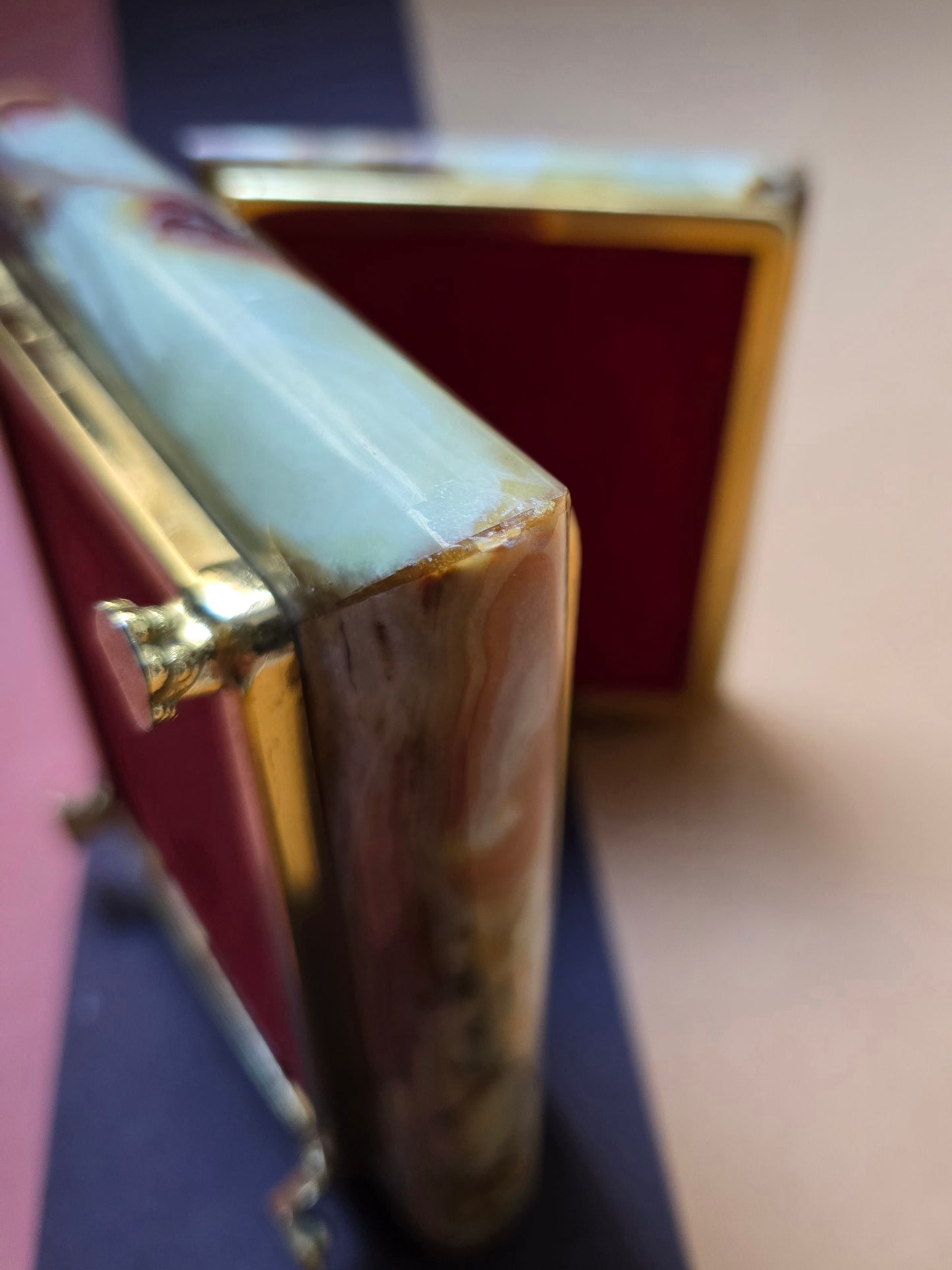 Italian Onyx Jewellery Box – Red Velvet Interior, Brass Fittings, 1960s