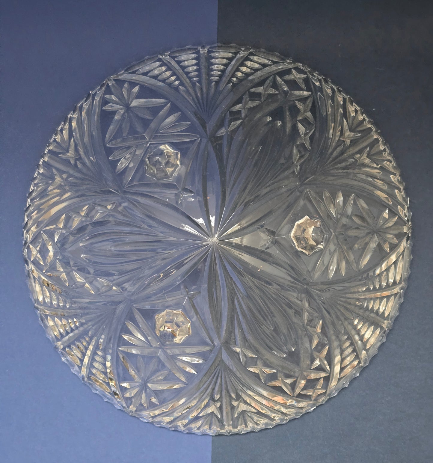 Vintage Cut Crystal Centrepiece Bowl on Four Tapered Feet with Pinwheel & Fan Pattern, c.1940