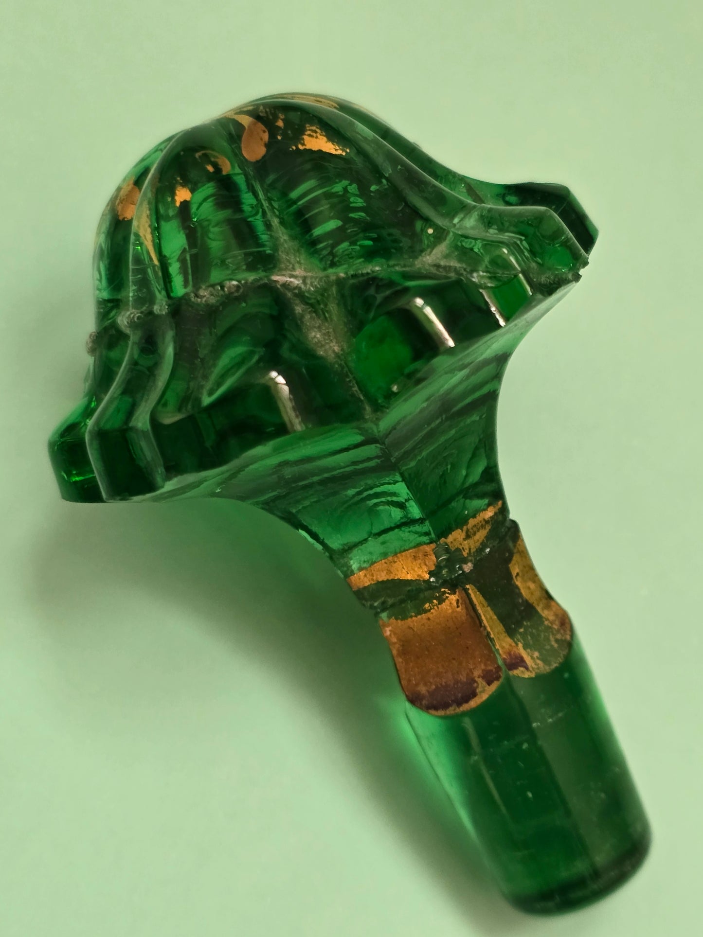Antique Bohemian Green Glass Perfume Bottle with Gold Gilt, c.1880
