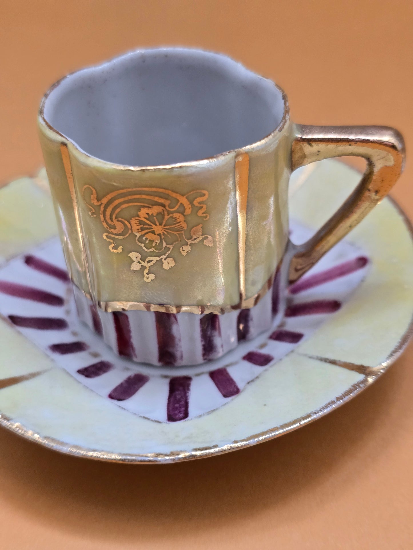 Antique German Lustre Porcelain Espresso Cup & Saucer Set – Wilhelm Leykauf, c.1890