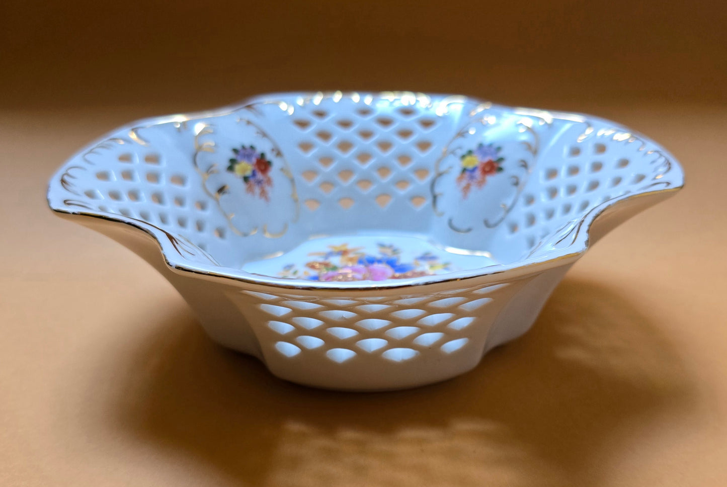SOLD! Dresden Reticulated Porcelain Bowl – Hand-Painted Floral, 1960s