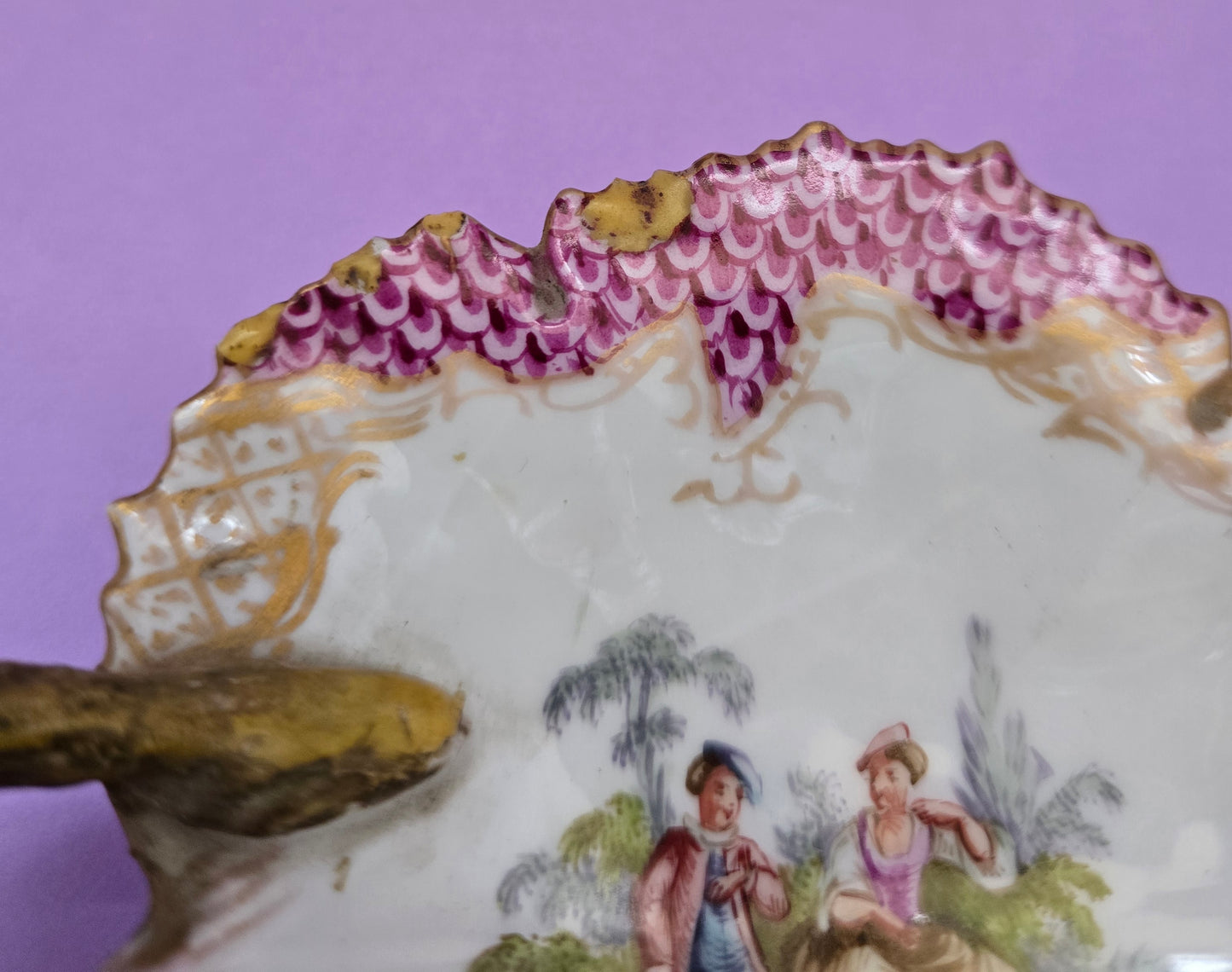 Meissen Porcelain Leaf-Shaped Trinket Tray with Watteau Scene