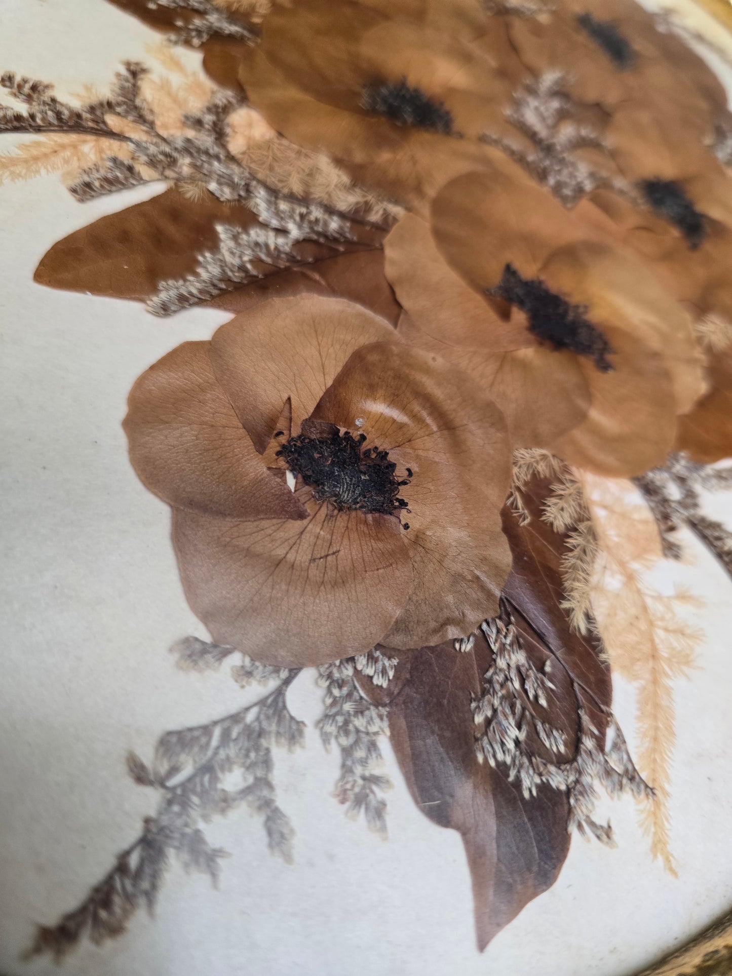 Vintage Pressed Flower Picture | Oval Gilt Frame | Anemones & Heather | c.1960s–70s