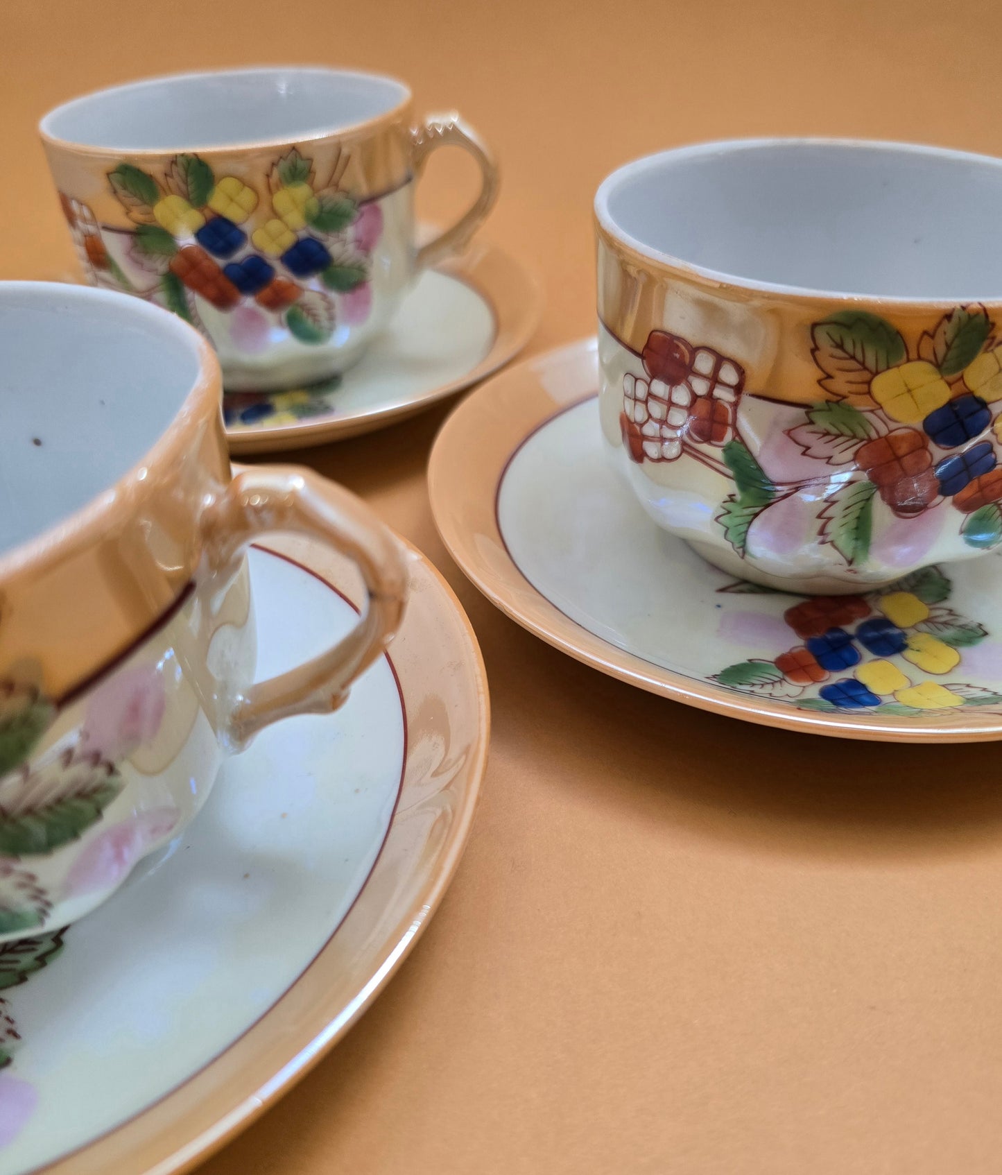 Antique Japanese Porcelain Tea Cup & Saucer c.1925 — Lustre Glaze Floral