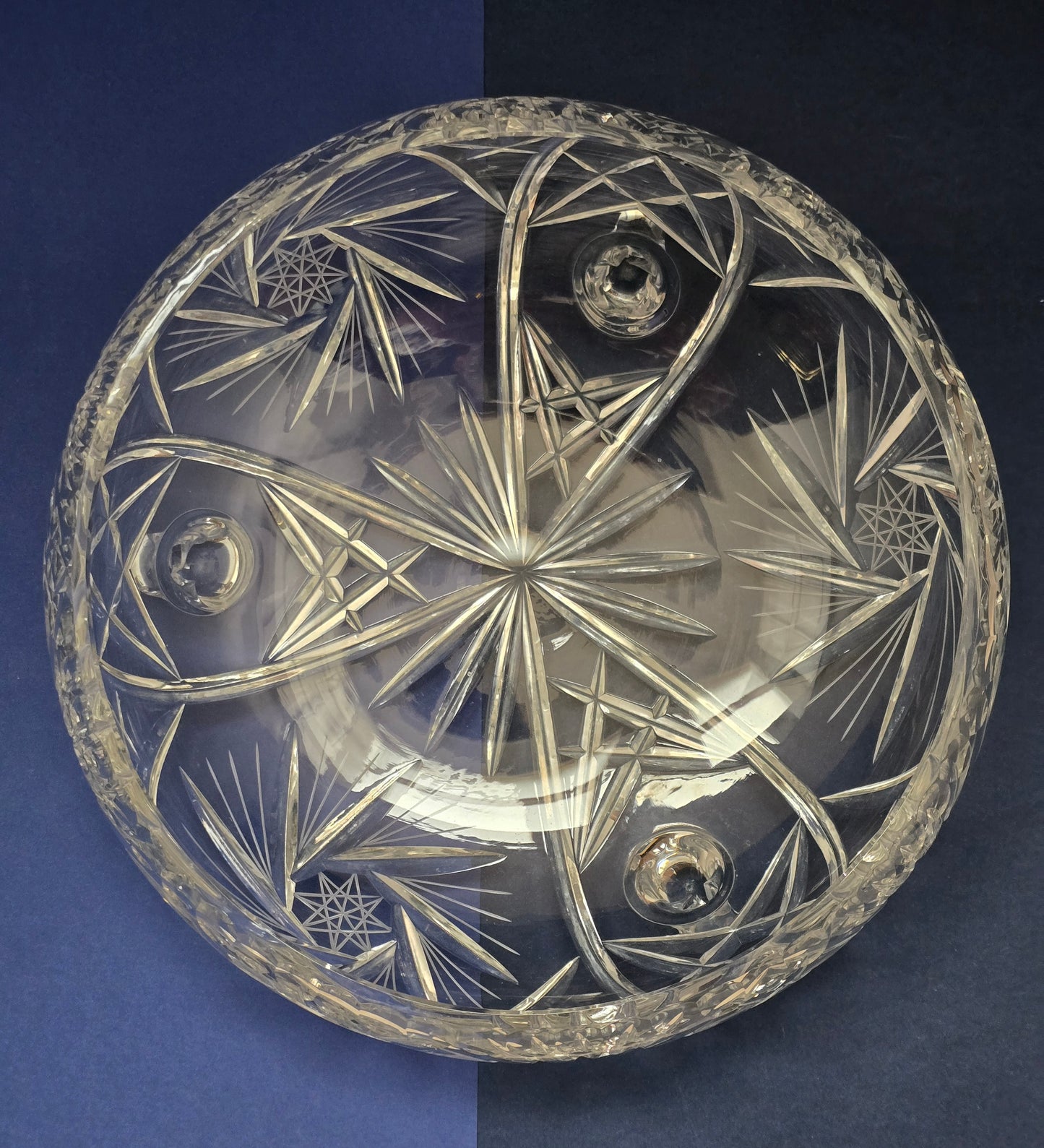 Vintage Cut Crystal Fruit Bowl on Four Ball Feet with Pinwheel & Scalloped Rim, c.1930