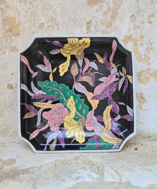 Square porcelain dish with hand-painted relief flowers 1940s China