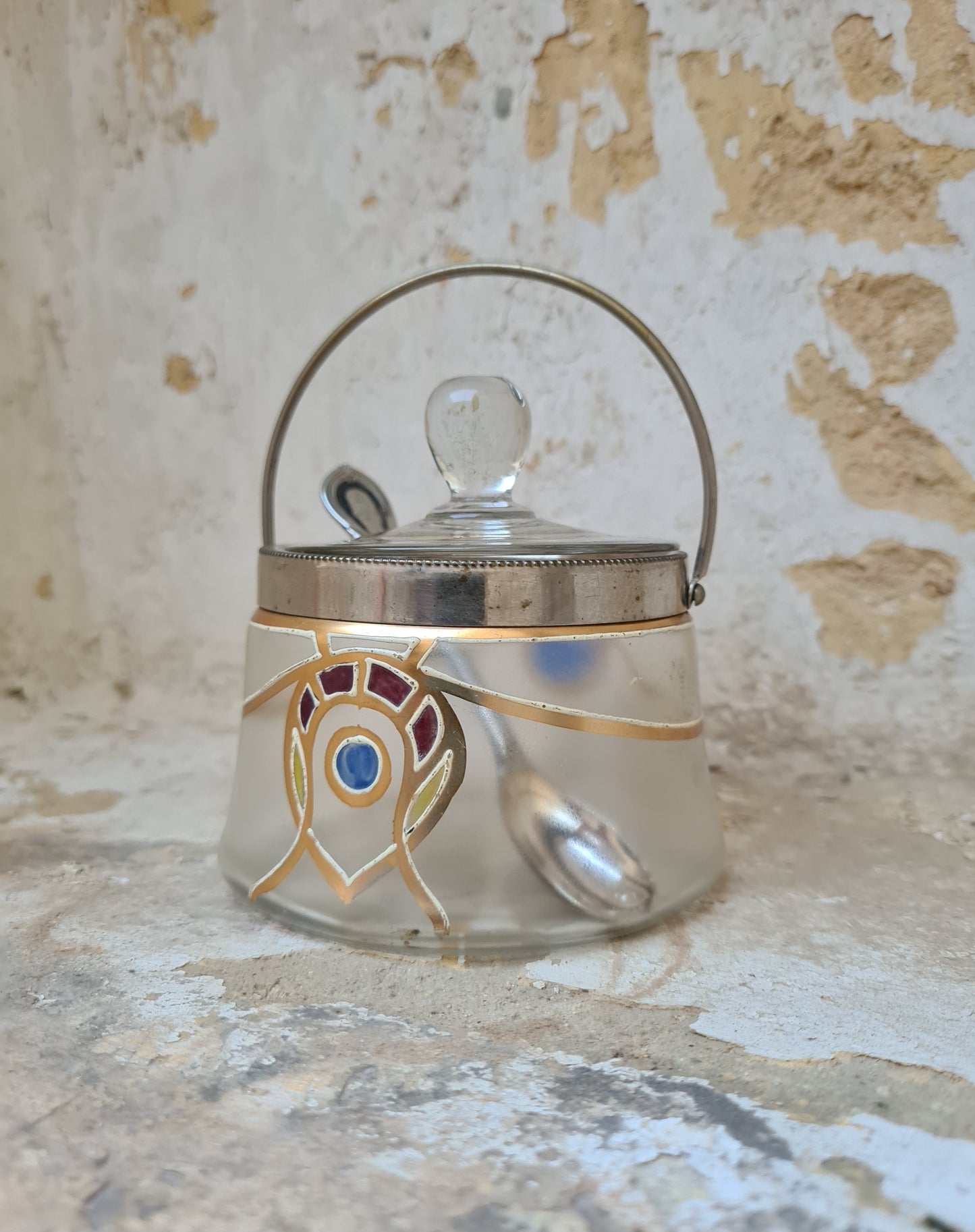 Art Nouveau hand-painted crystal sugar bowl with silver spoon