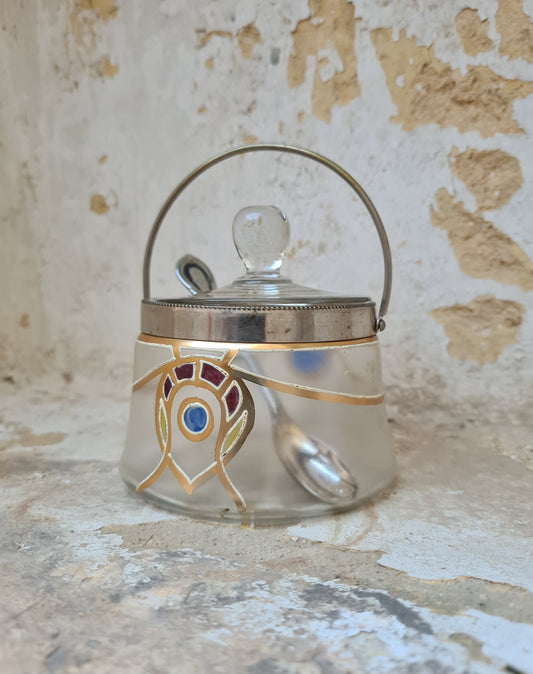 Art Nouveau hand-painted crystal sugar bowl with silver spoon