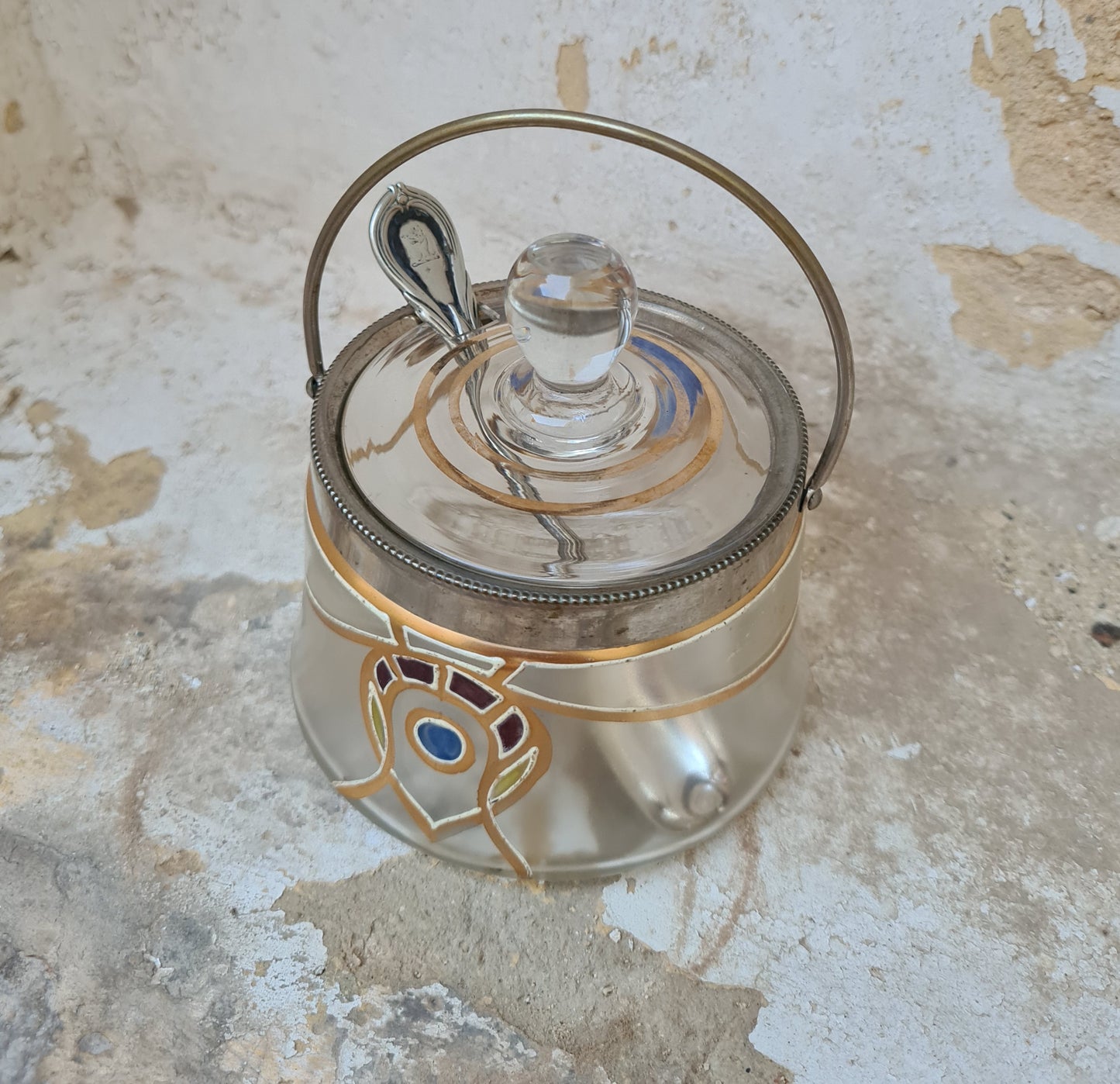 Art Nouveau hand-painted crystal sugar bowl with silver spoon