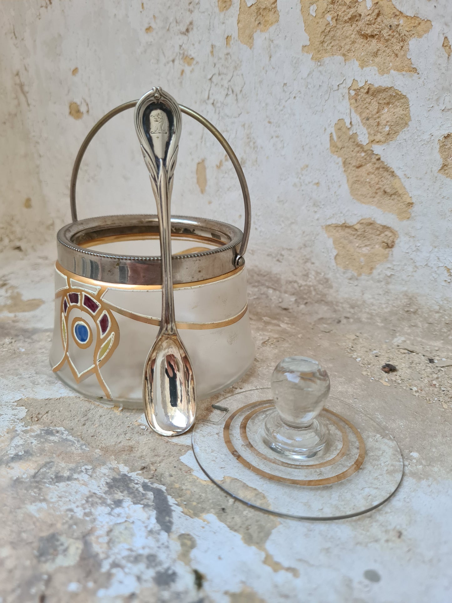Art Nouveau hand-painted crystal sugar bowl with silver spoon