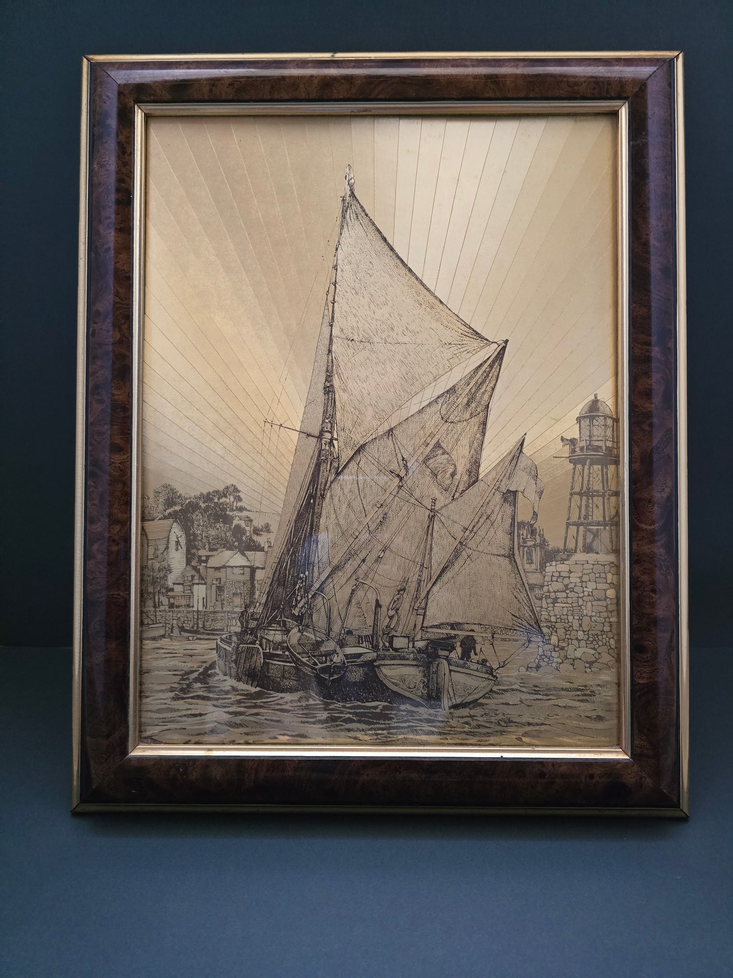 F.J Warren Dufex Sailing Ship Prints on Gold Foil - 1970s