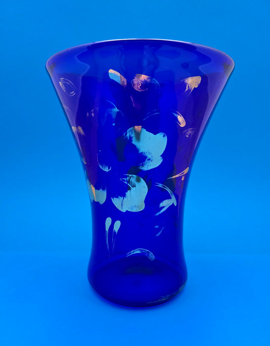 Vintage Italian Cobalt Blue Glass Vase with Gold Floral Decor - 1960s