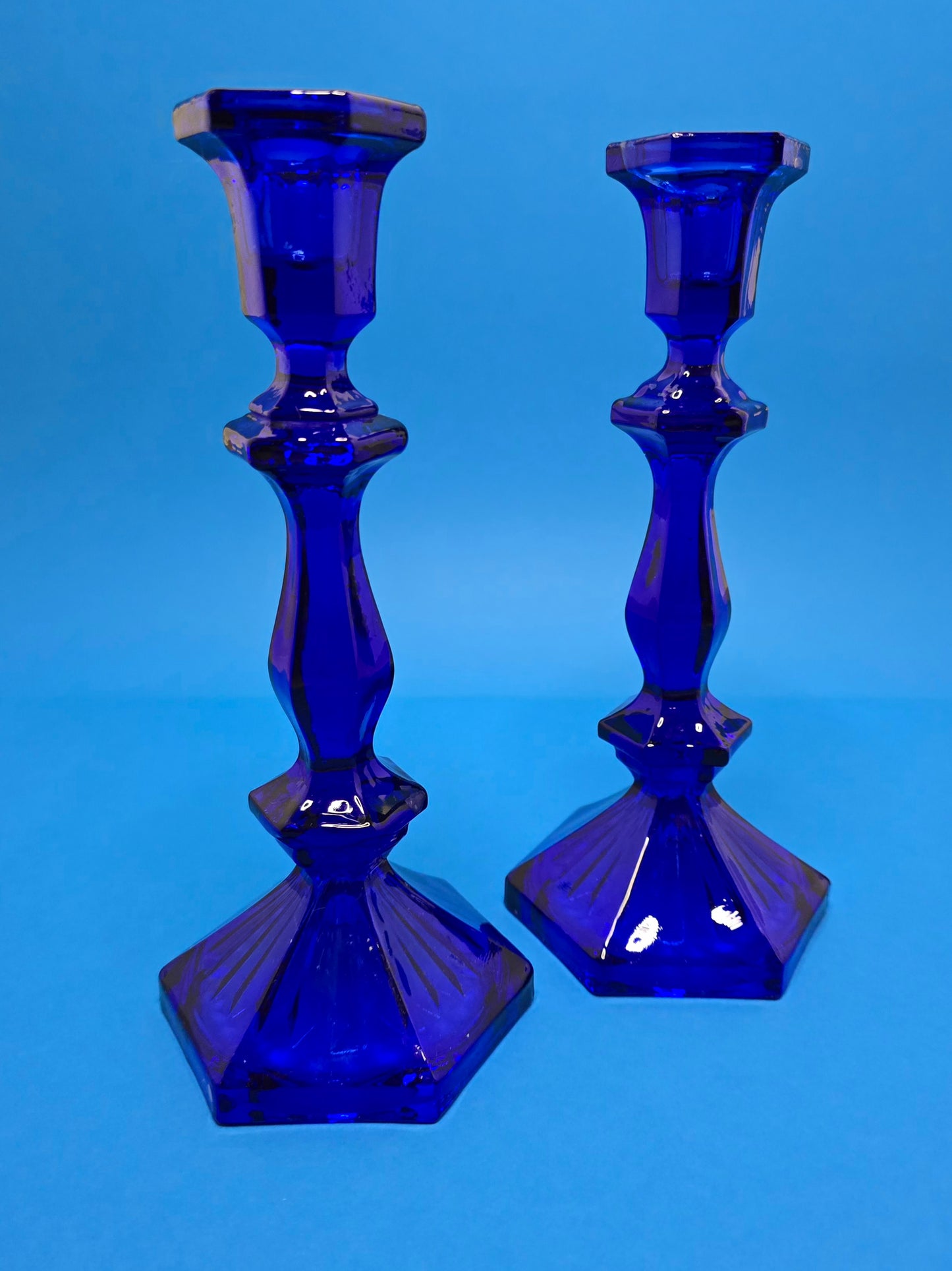 Vintage Cobalt Blue Glass Candlesticks Set of 2 | 1950s