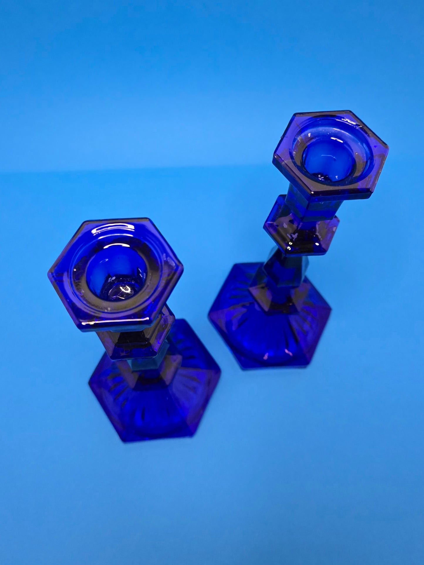 Vintage Cobalt Blue Glass Candlesticks Set of 2 | 1950s