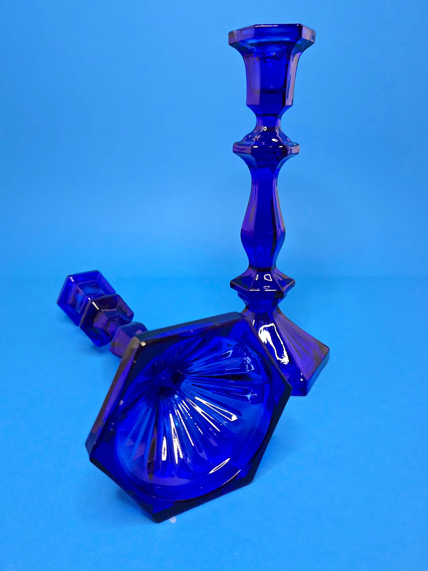 Vintage Cobalt Blue Glass Candlesticks Set of 2 | 1950s