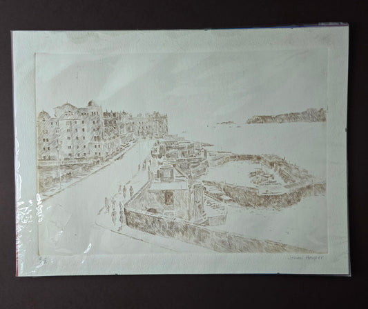 SOLD!Mid-Century Drawing Grand Harbour Valletta Malta by Joumi Harper