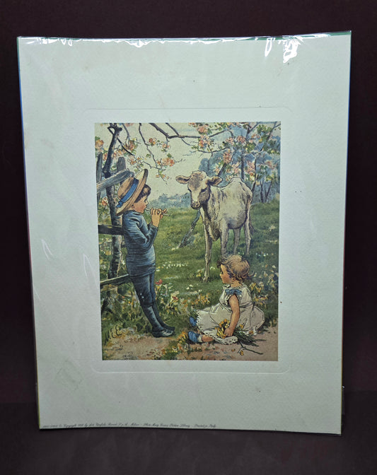 Vintage Print Children with Calf