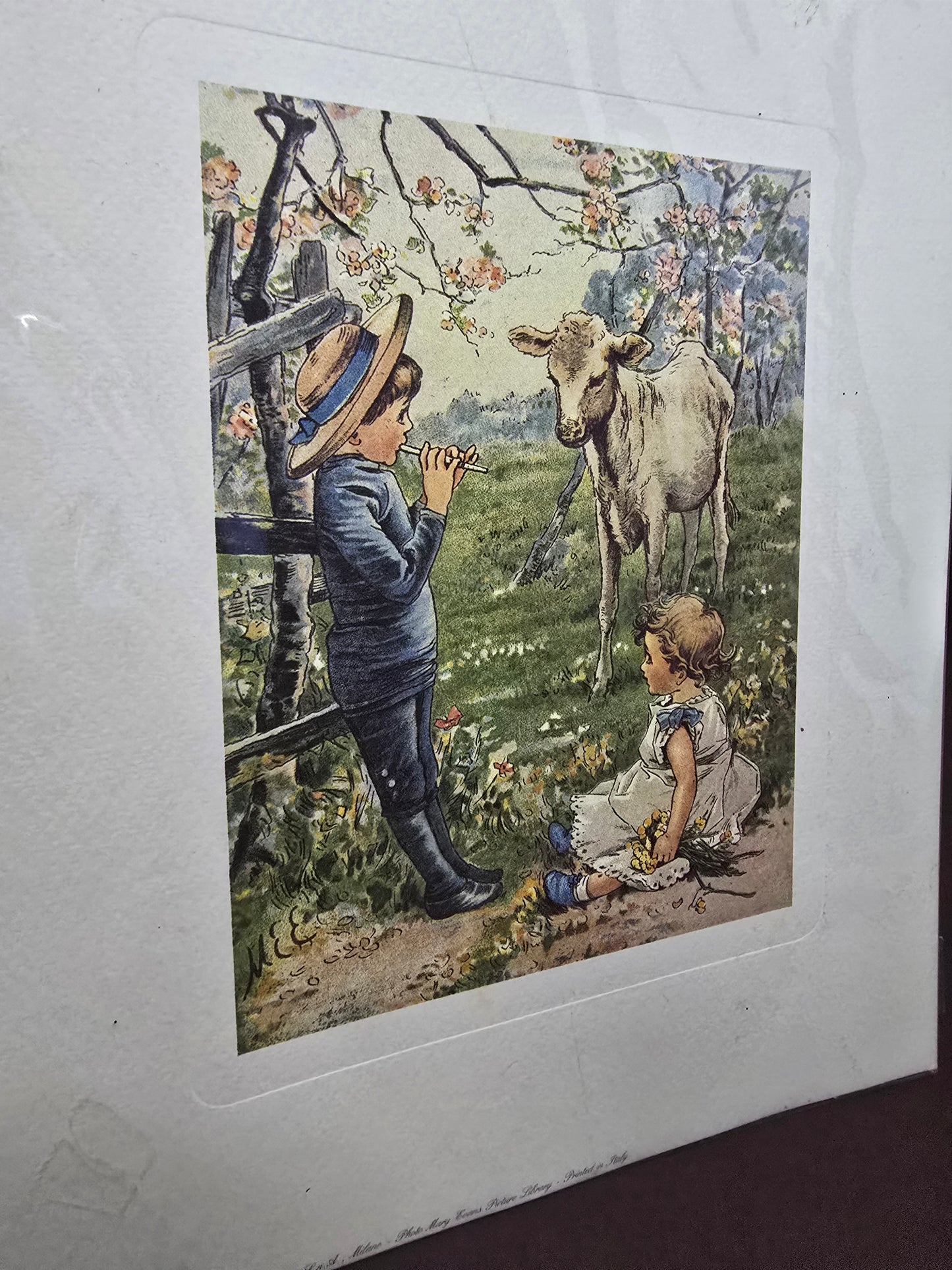 Vintage Print Children with Calf