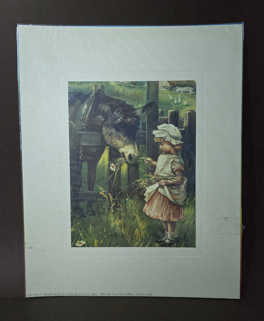 Vintage Print Girl Feeding Donkey