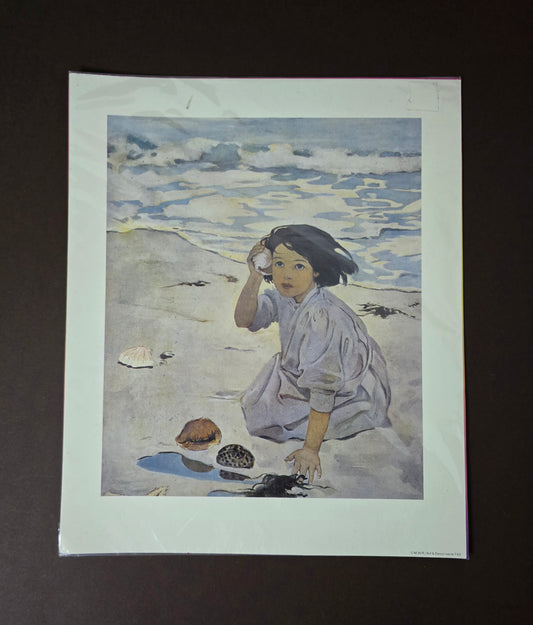 Vintage Print Girl Listening to Seashells on Beach