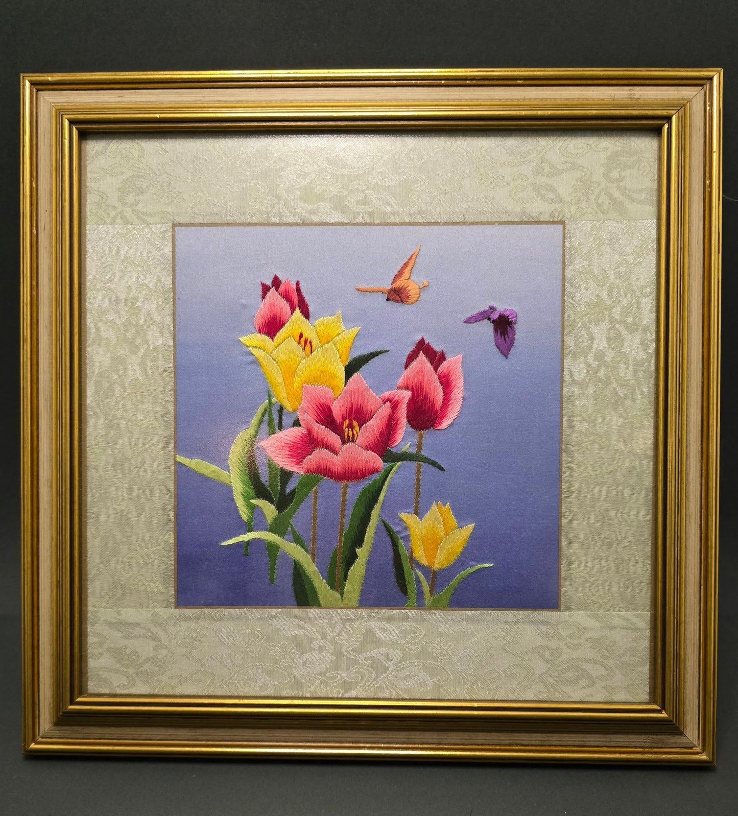 Embroidered Silk Flowers in Frame - Malta 1960s
