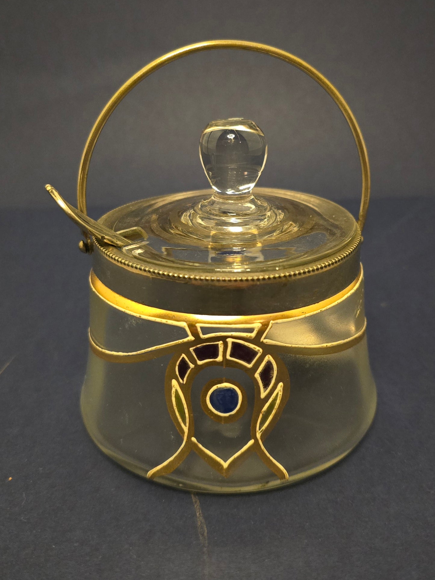 Art Nouveau hand-painted crystal sugar bowl with silver spoon