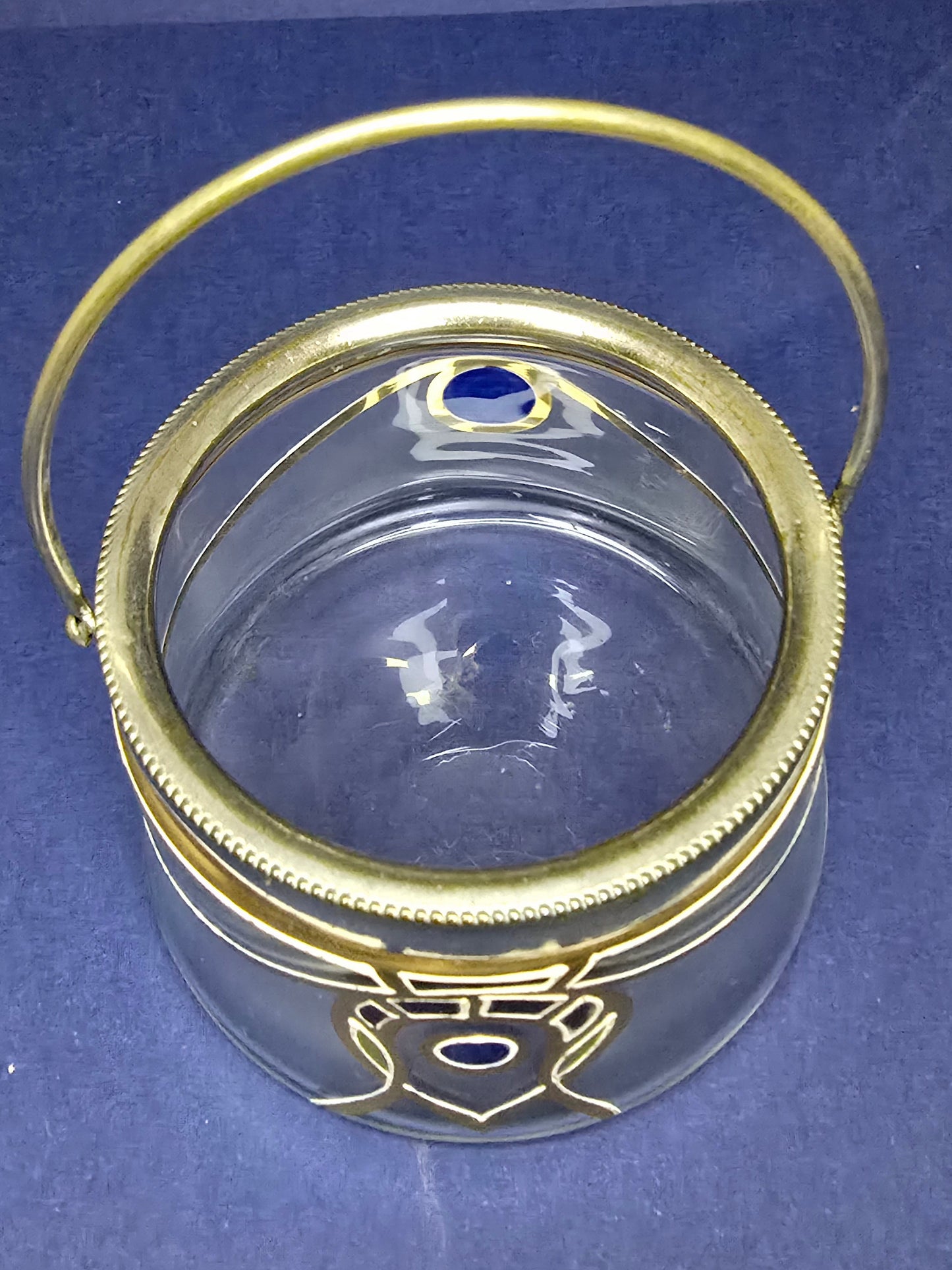 Art Nouveau hand-painted crystal sugar bowl with silver spoon