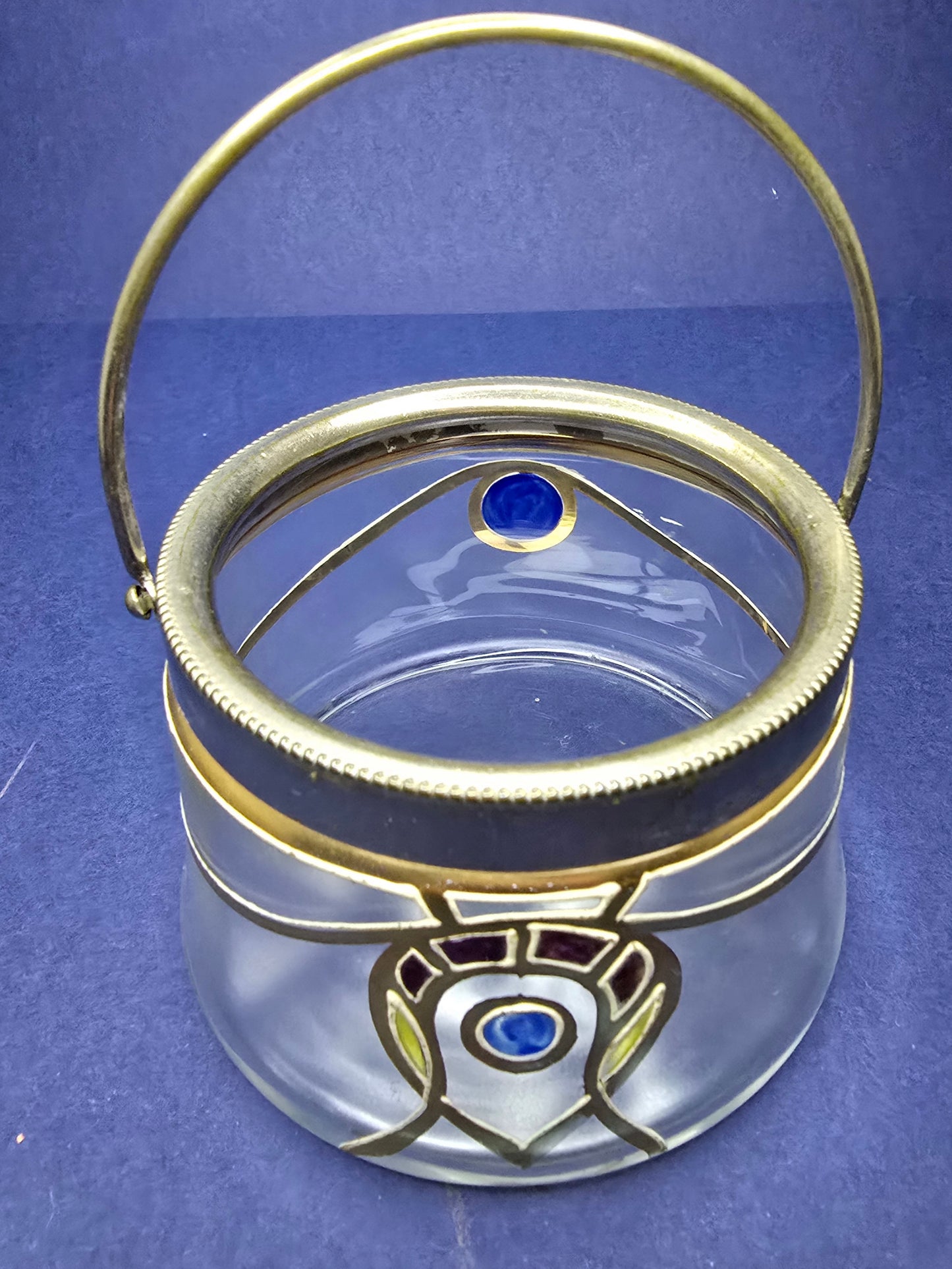 Art Nouveau hand-painted crystal sugar bowl with silver spoon