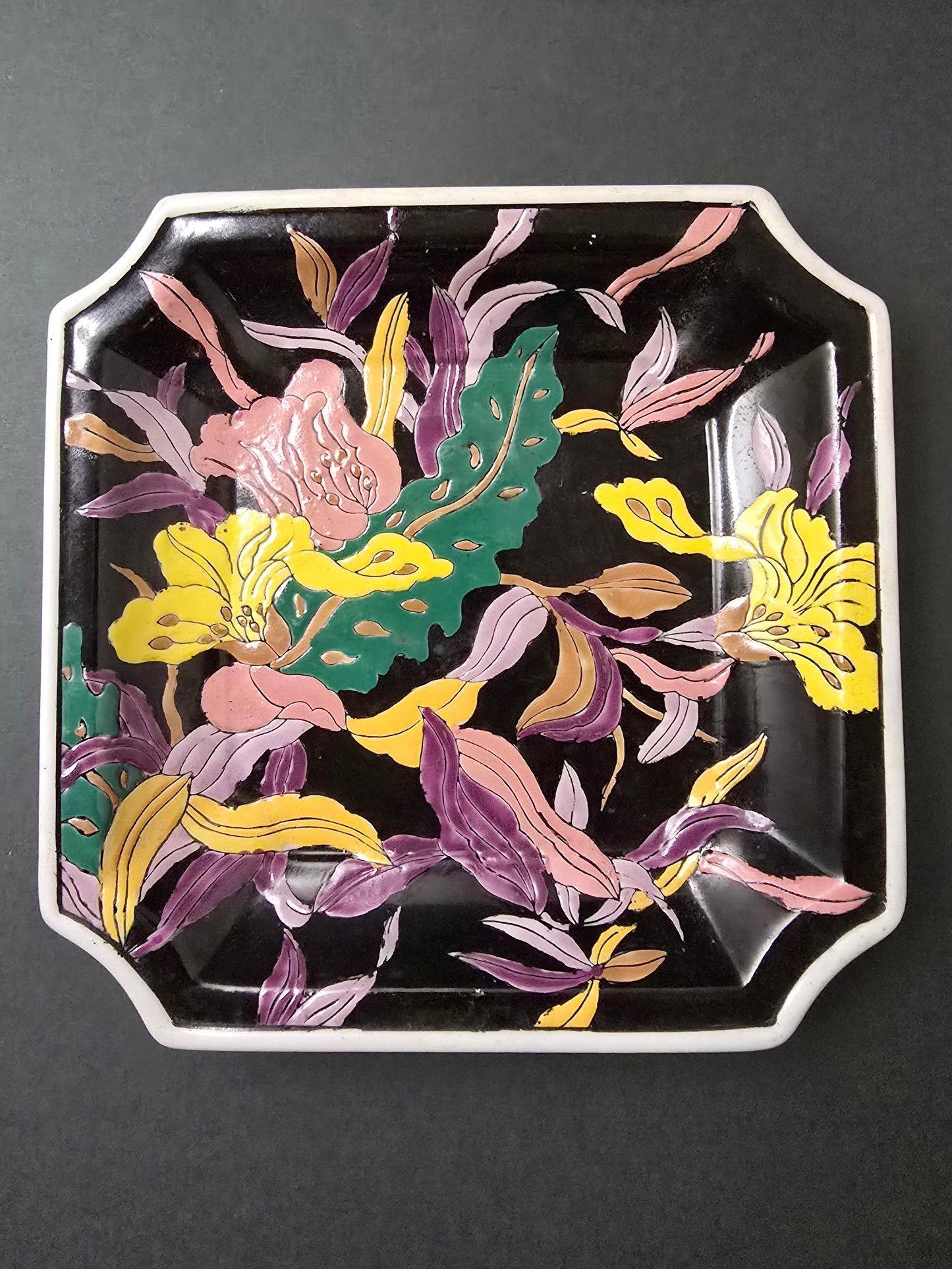Square porcelain dish with hand-painted relief flowers 1940s China