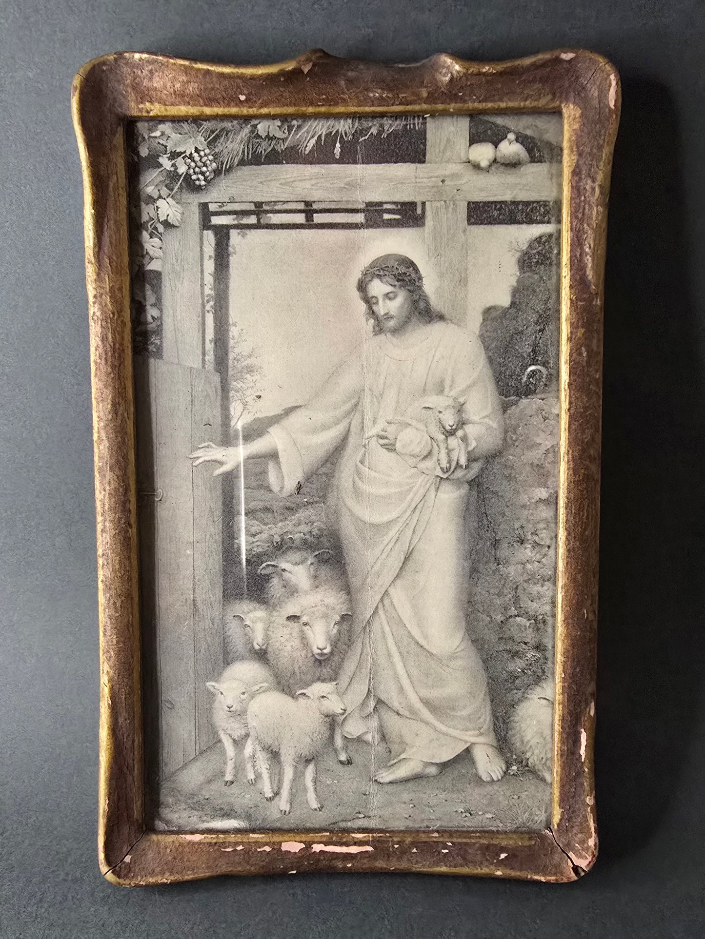 Jesus Celebrating with Sheep - Vintage Framed Print England 1920s