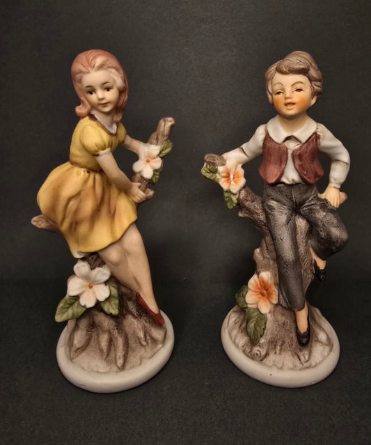 Vintage Japanese Figurine Set - Boy and Girl on Tree Stumps 1950s