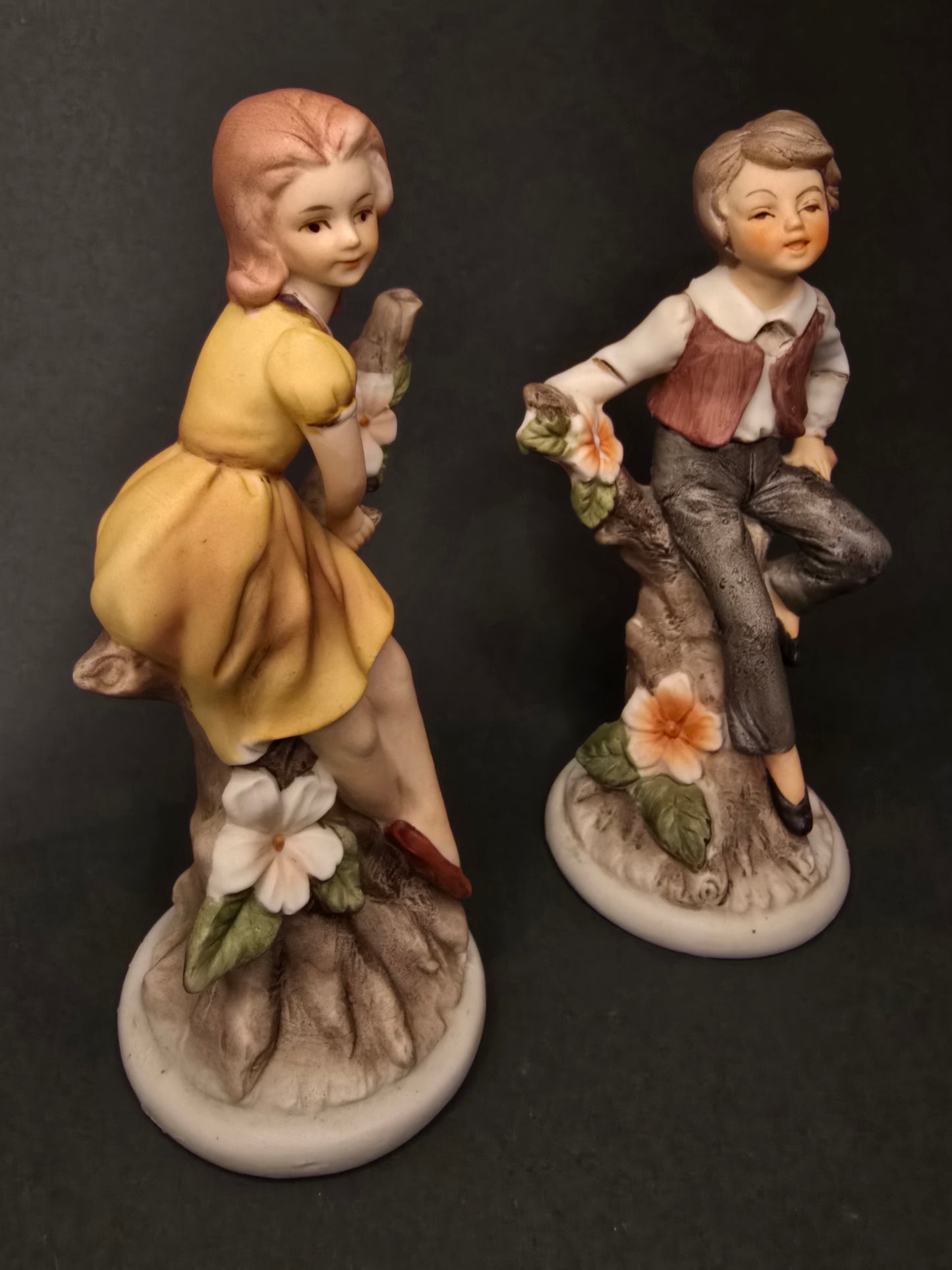 Vintage Japanese Figurine Set - Boy and Girl on Tree Stumps 1950s