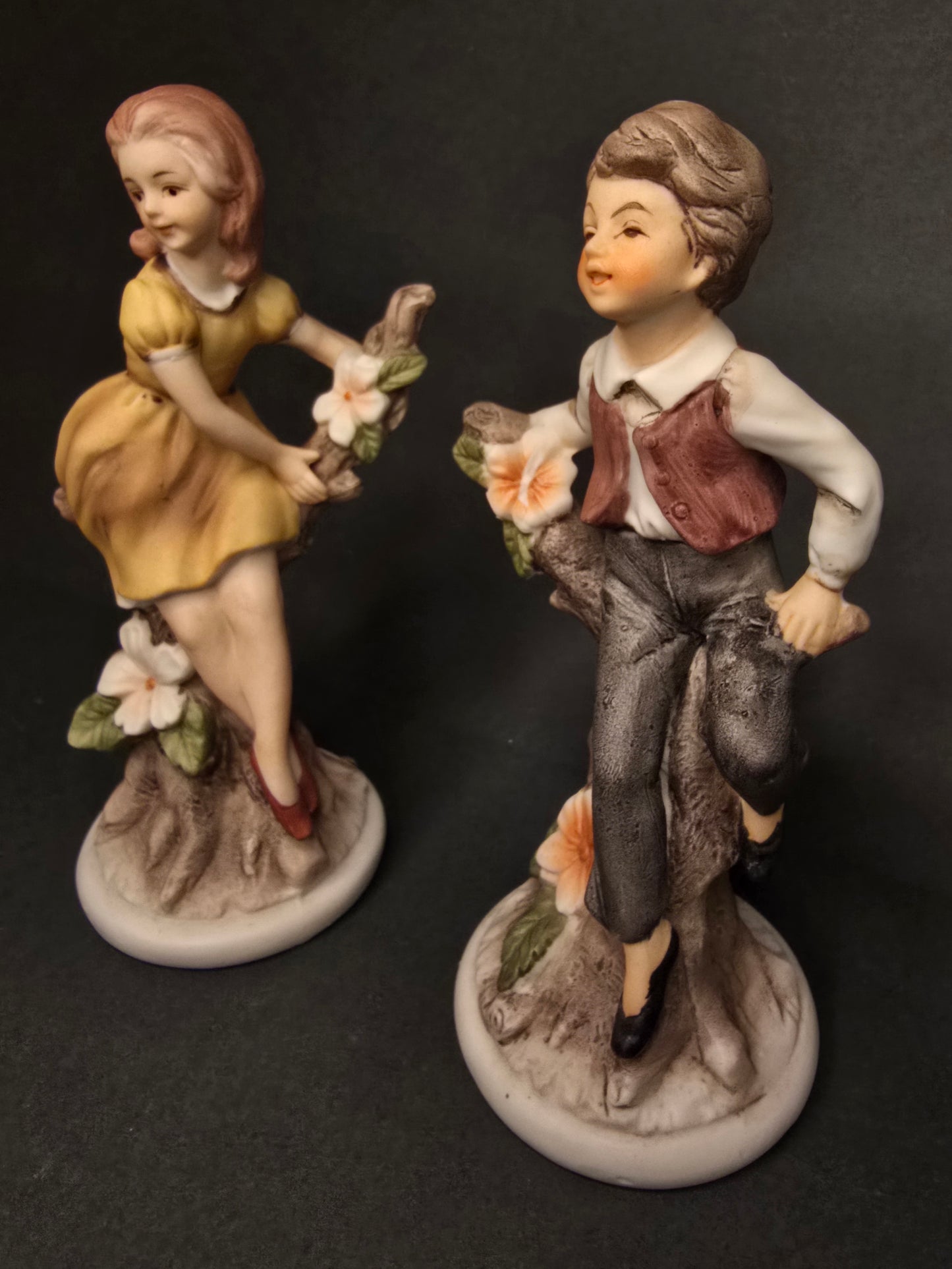 Vintage Japanese Figurine Set - Boy and Girl on Tree Stumps 1950s